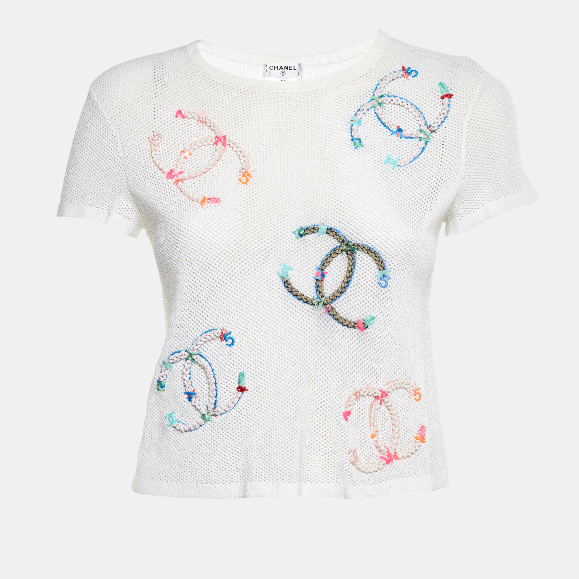 

Chanel White CC Embroidered Mesh Crew Neck Top S