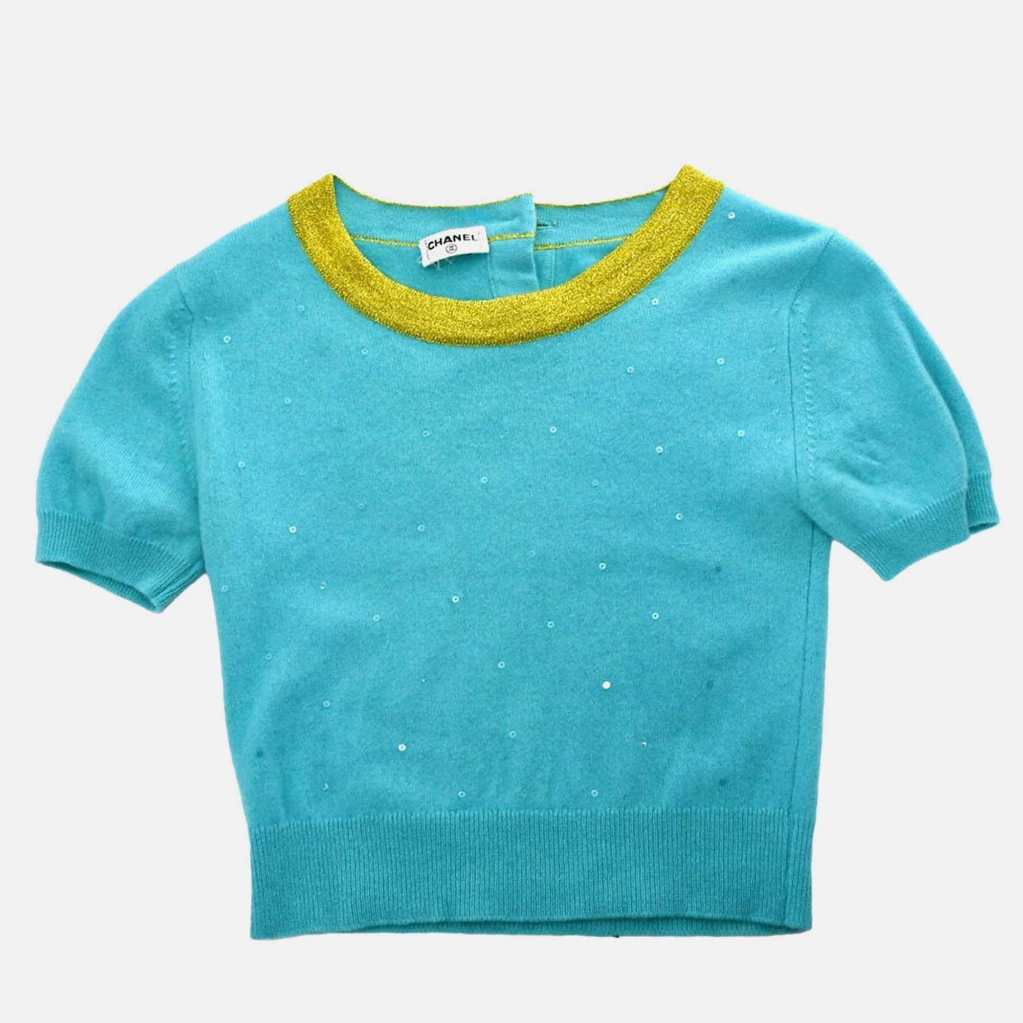 Pre-owned Chanel Light Blue Knit Short Sleeve Sweater Top