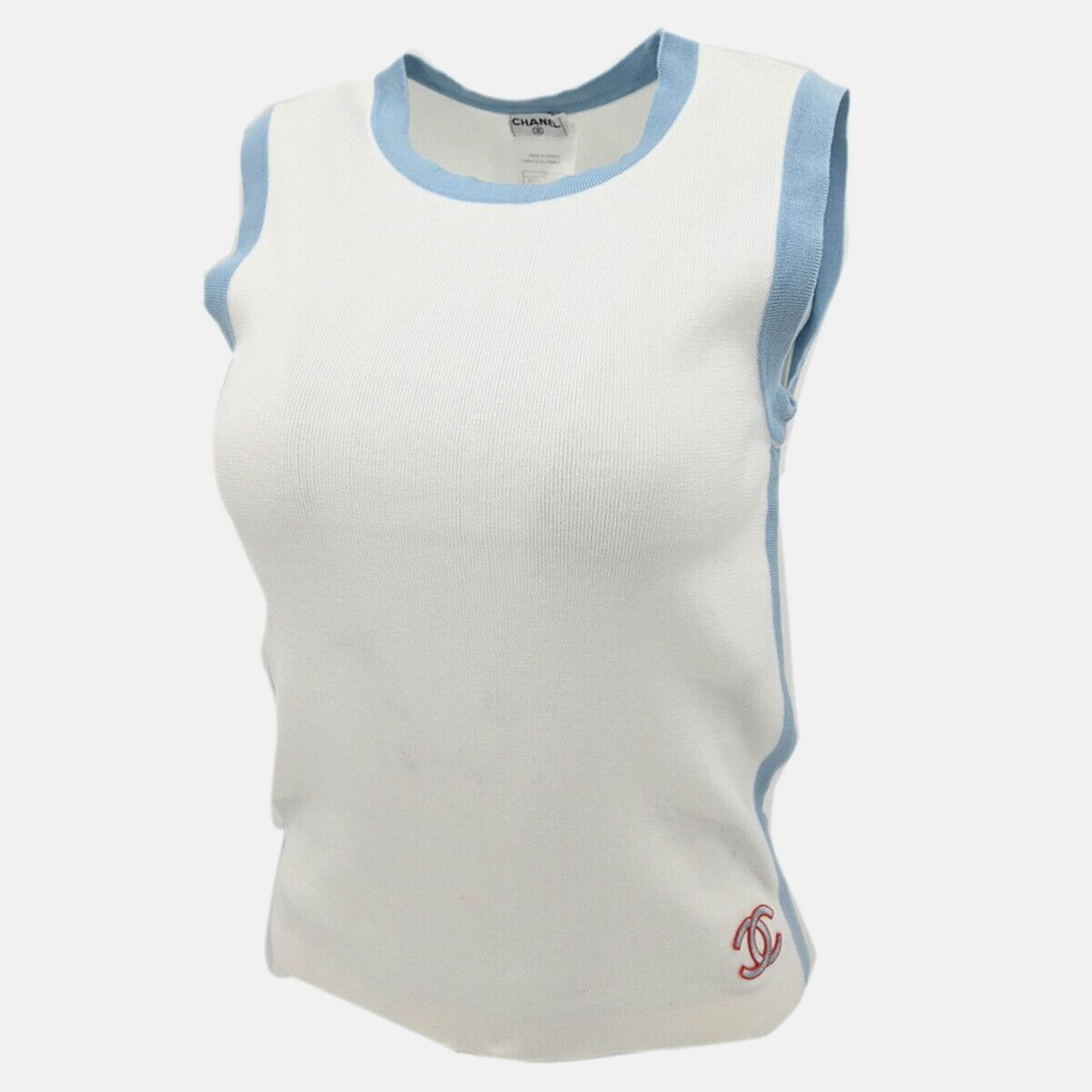 

Chanel White/ Blue Cotton Sleeveless Top