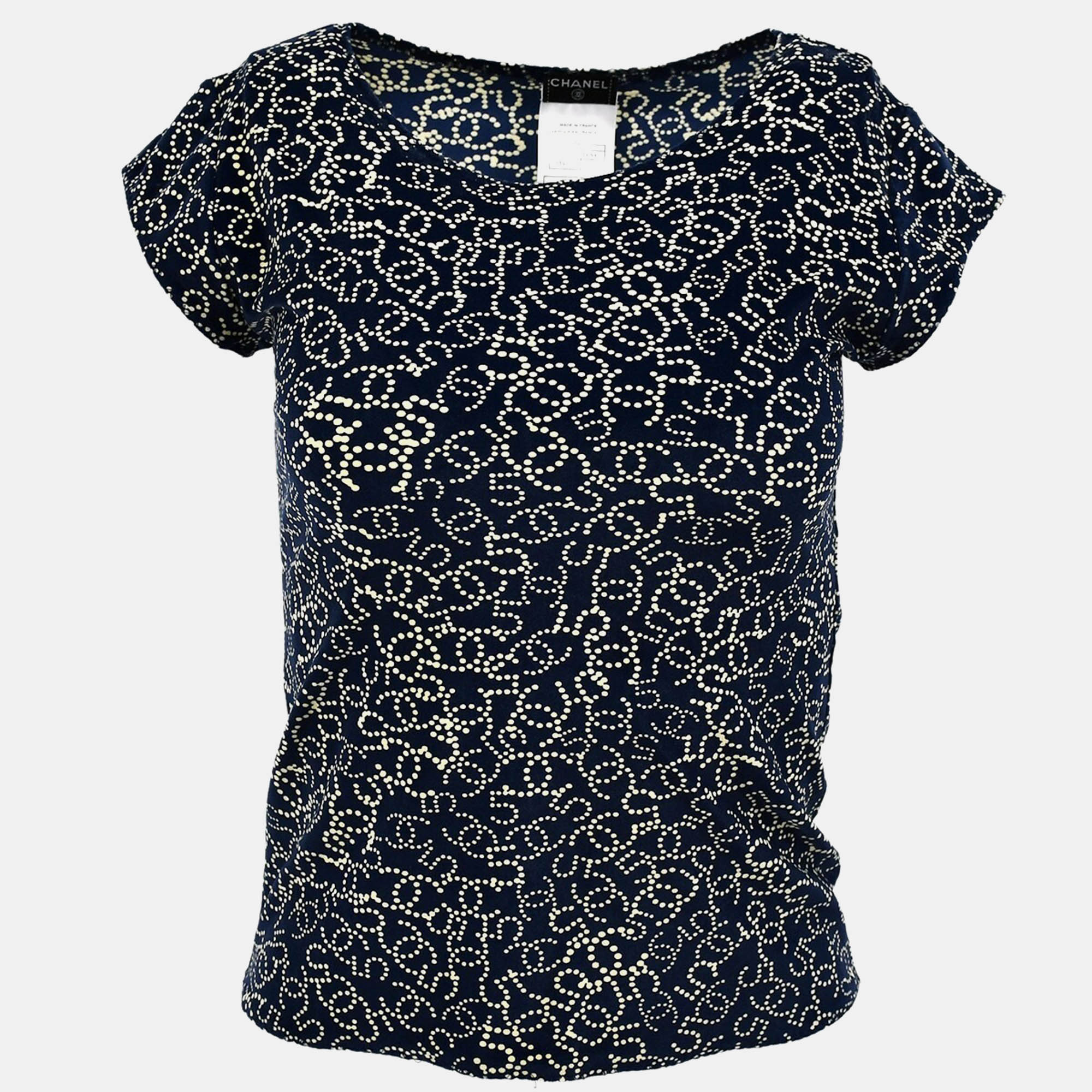 

Chanel Navy Nylon Short Sleeve T-shirt Top Size 38, Navy blue