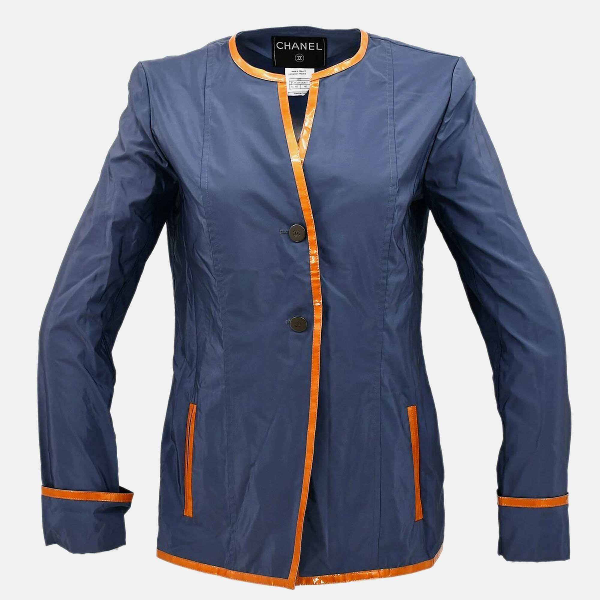 

Chanel Collarless Blue Nylon Single Breasted Jacket Women Size 40