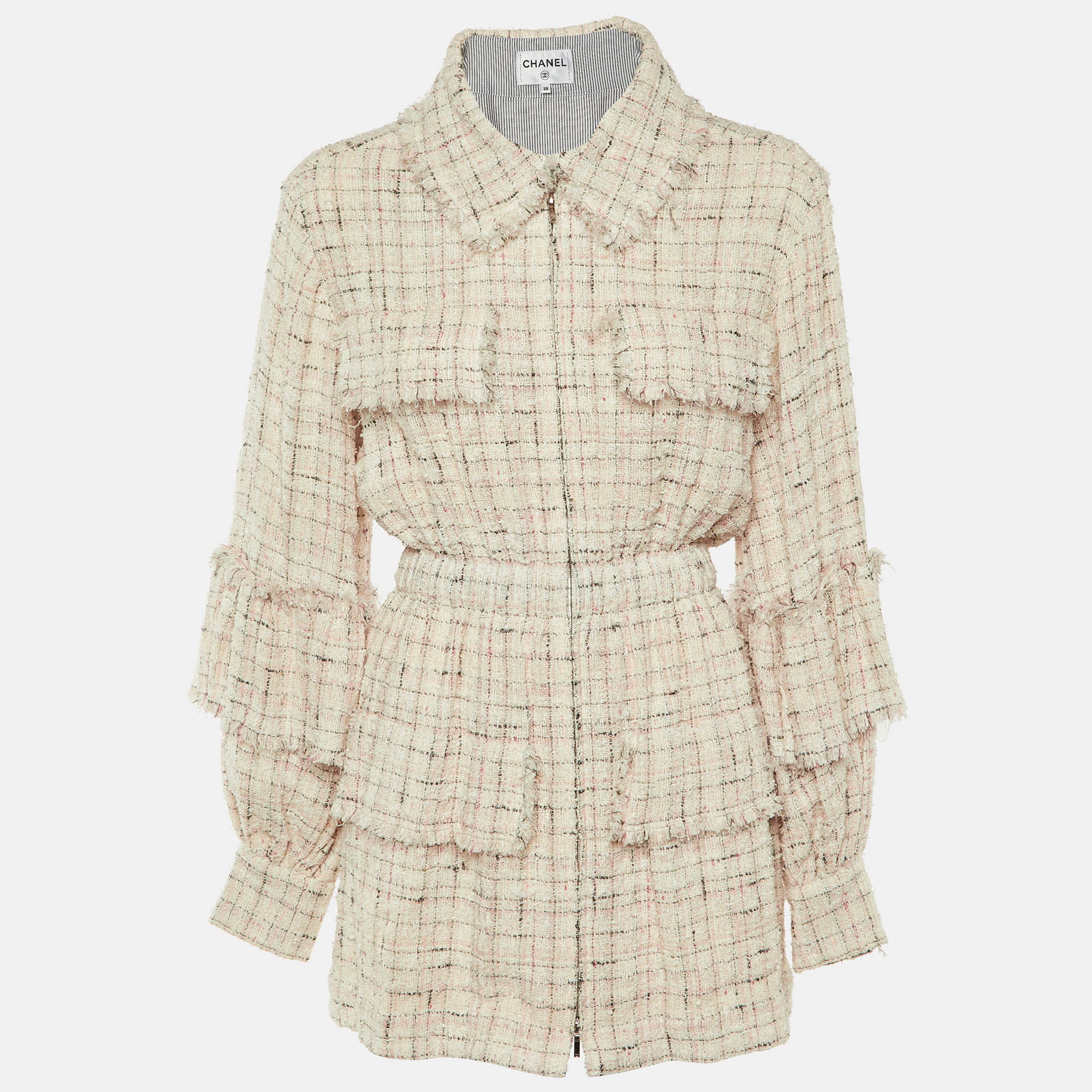 Pre-owned Chanel Pale Pink Tweed Zip Up Mini Dress M