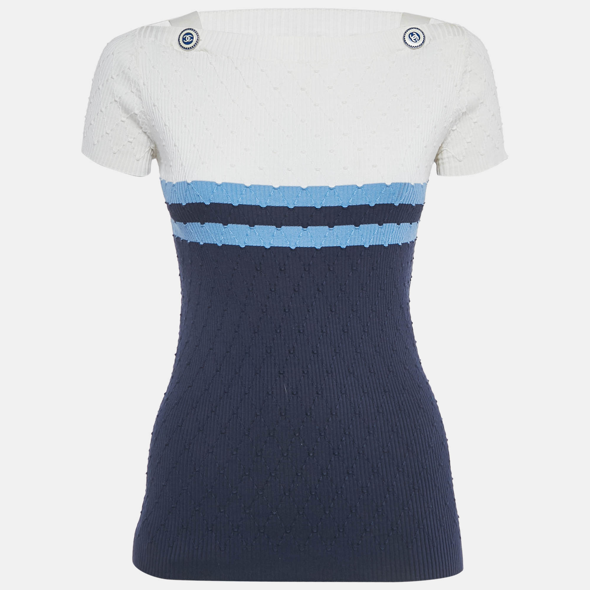 

Chanel White/Blue Striped Rib Knit Top S