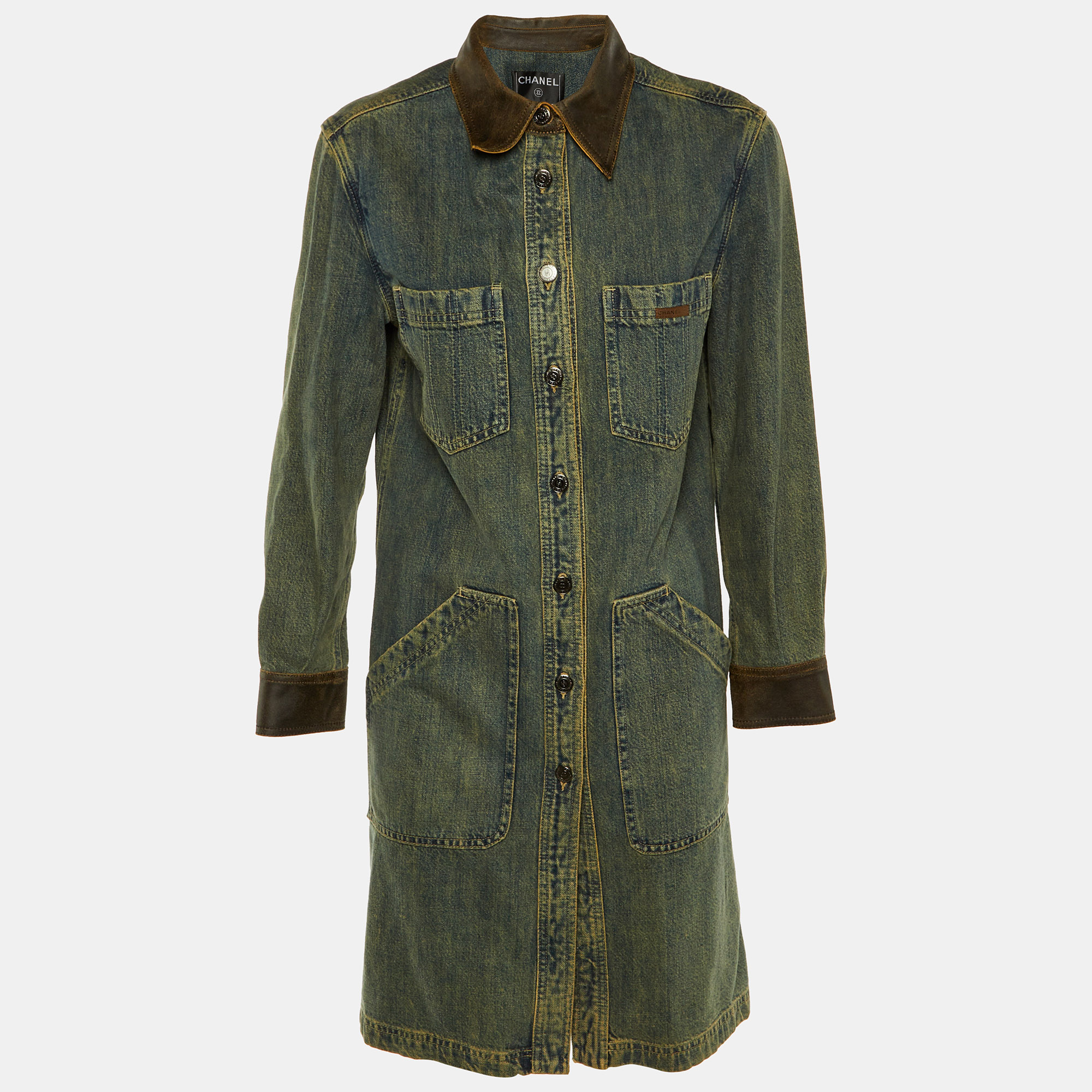 Pre-owned Chanel Blue Denim & Leather Collar Button Front Coat M