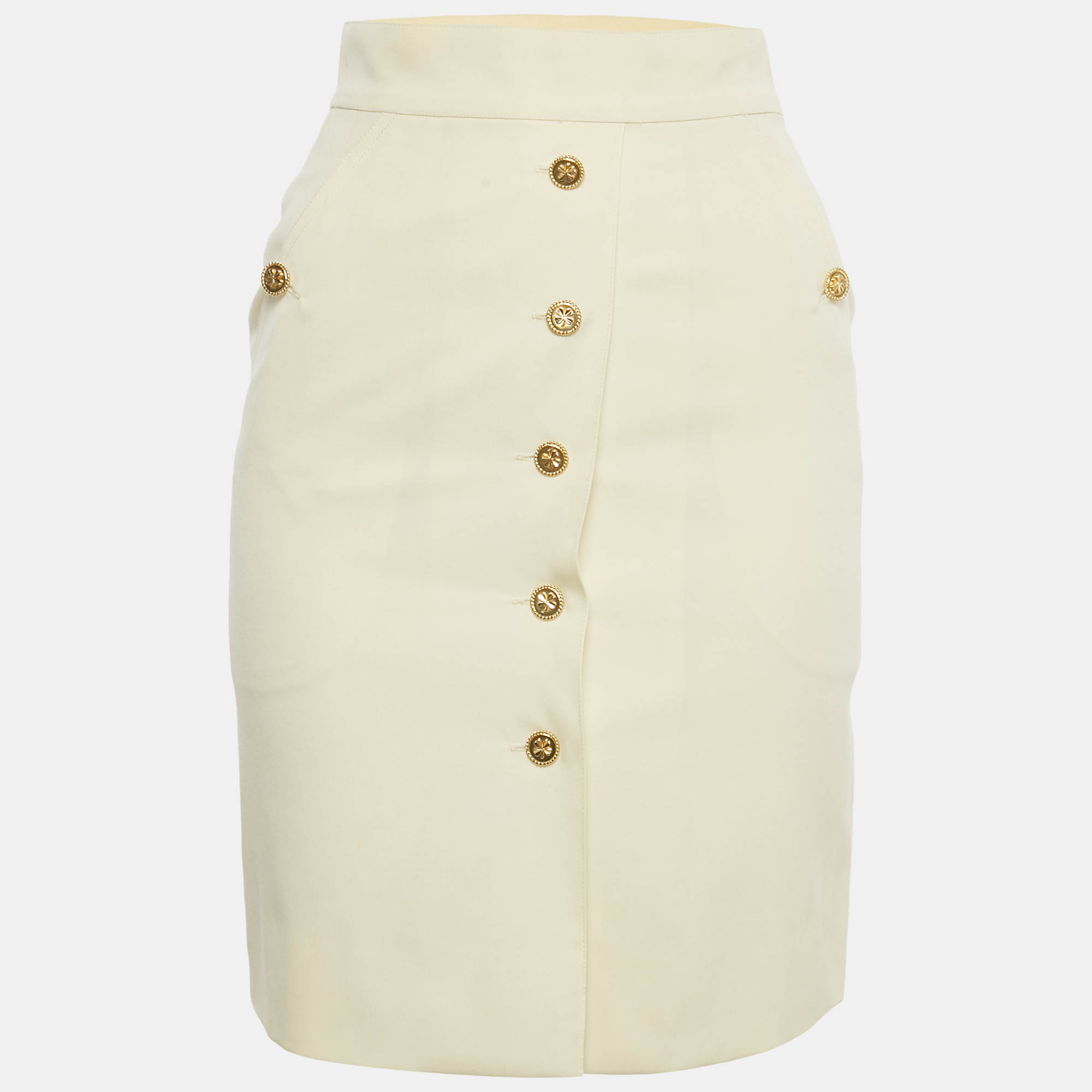 Pre-owned Chanel Boutique Cream Wool Button Detail Pencil Skirt S In White