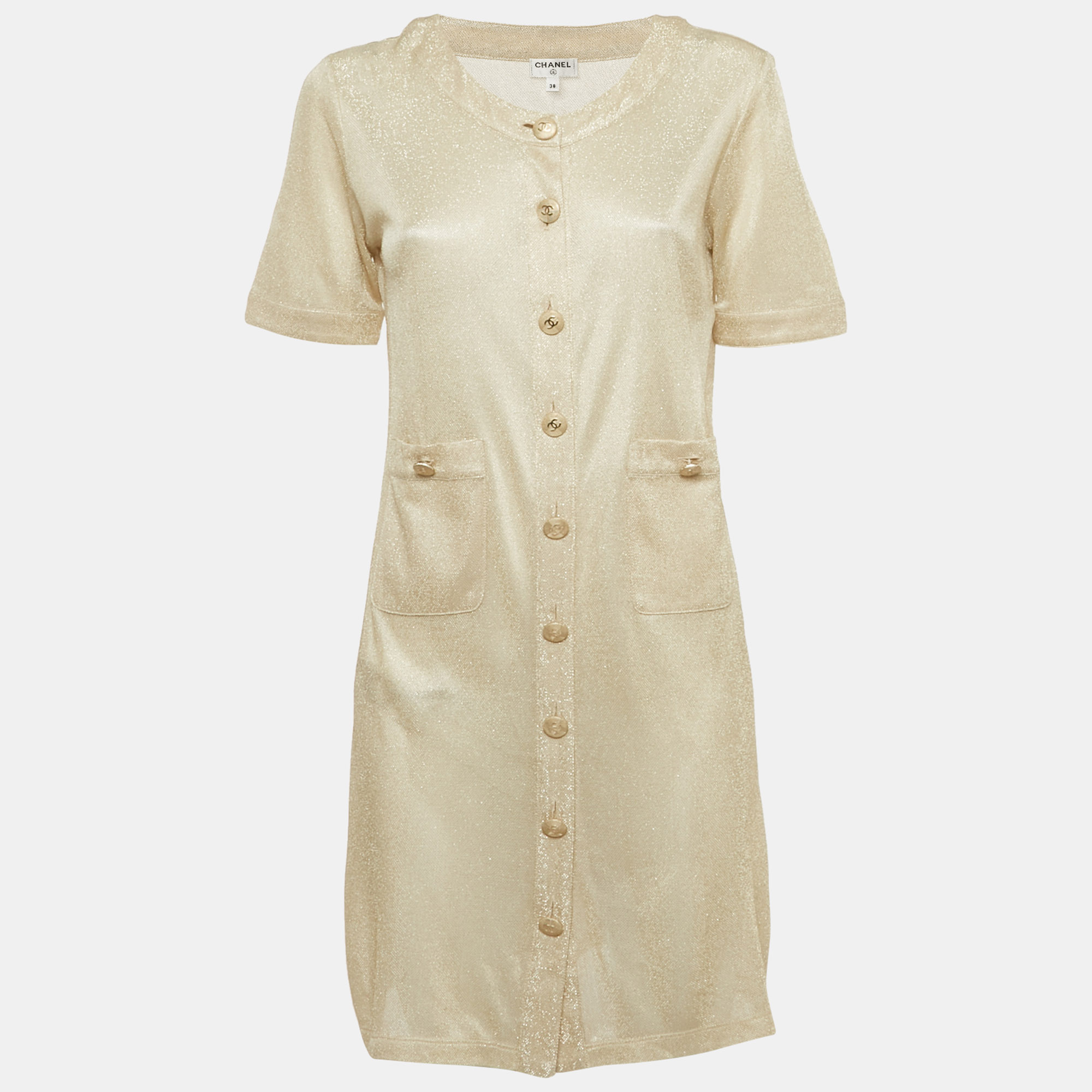 

Chanel Beige Lurex Knit Button Detail Mini Dress M