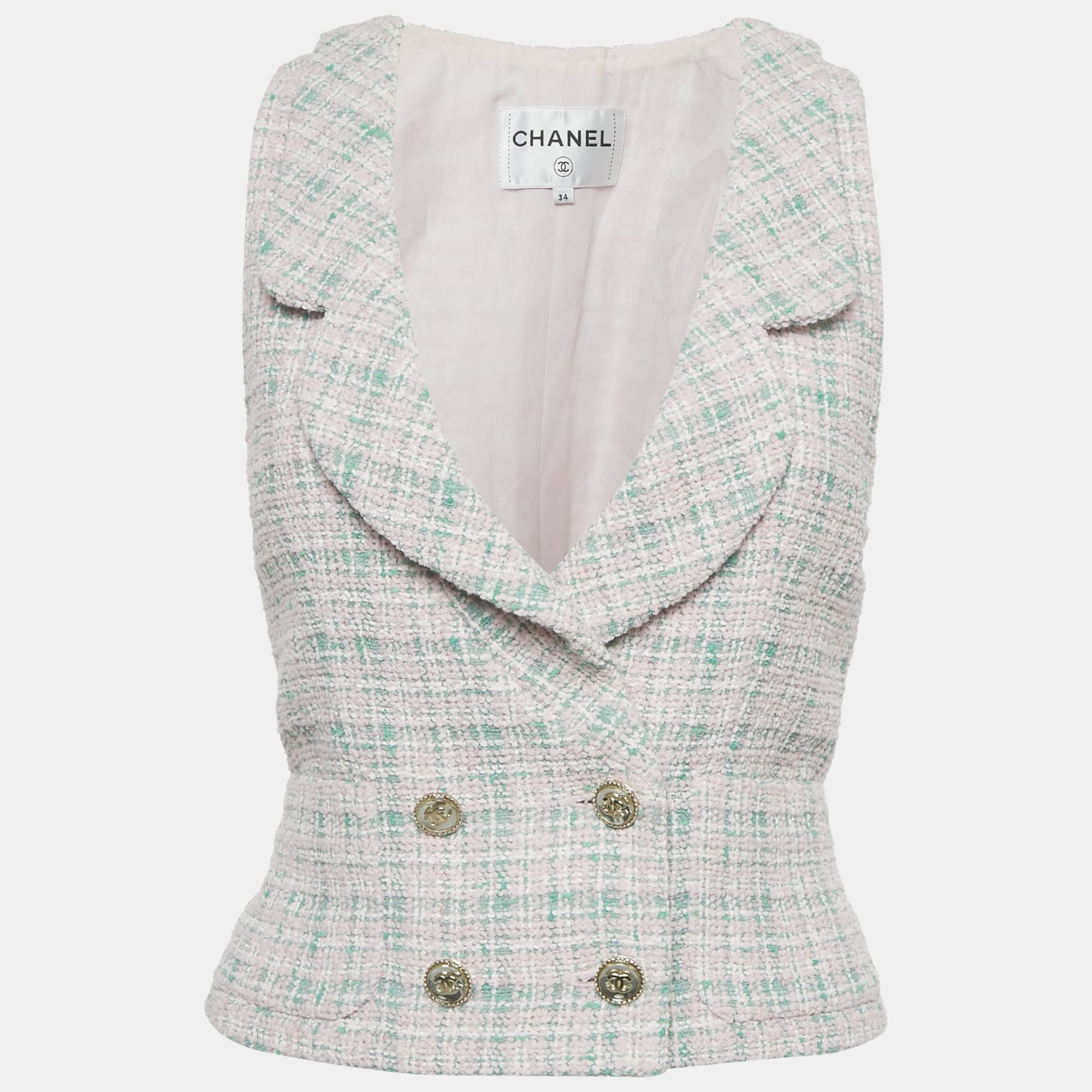 

Chanel Pink/Green Tweed Double Breasted Sleeveless Jacket S