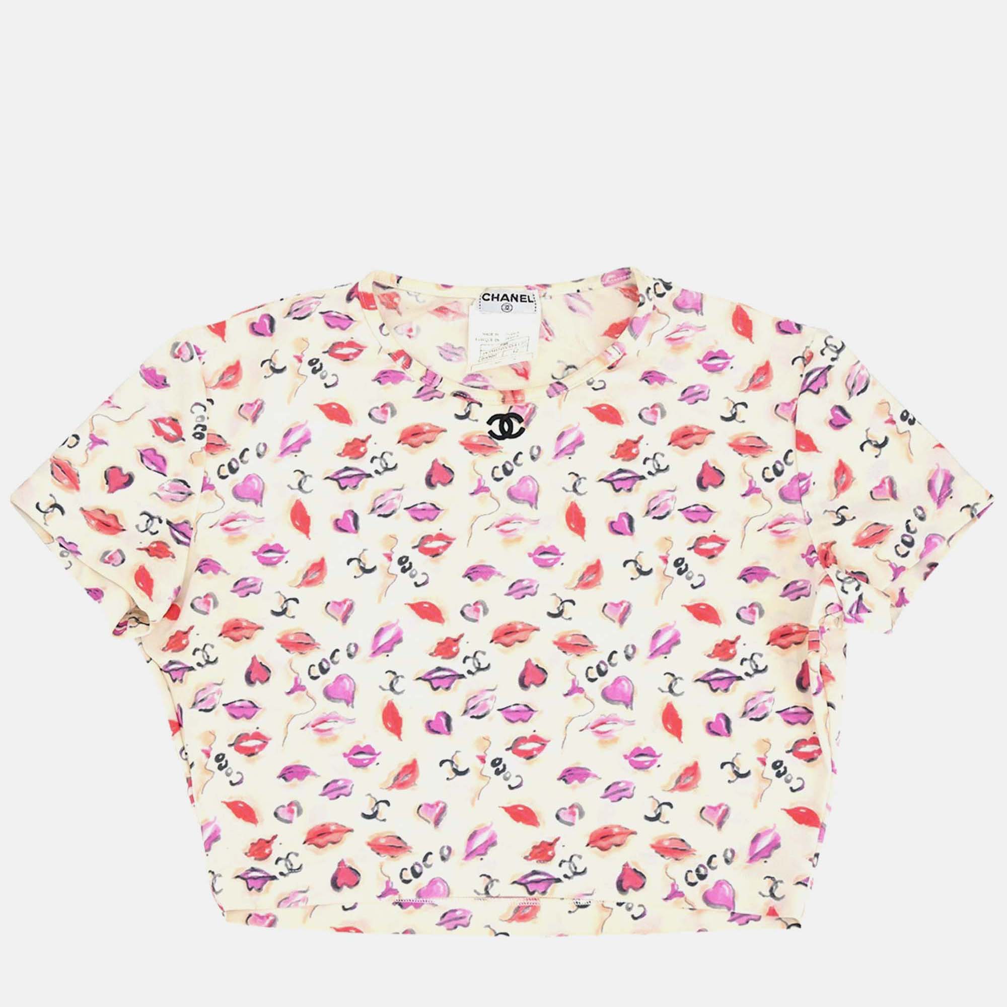 Pre-owned Chanel Lipstick Cropped T-shirt Top Ivory #42 In Multi