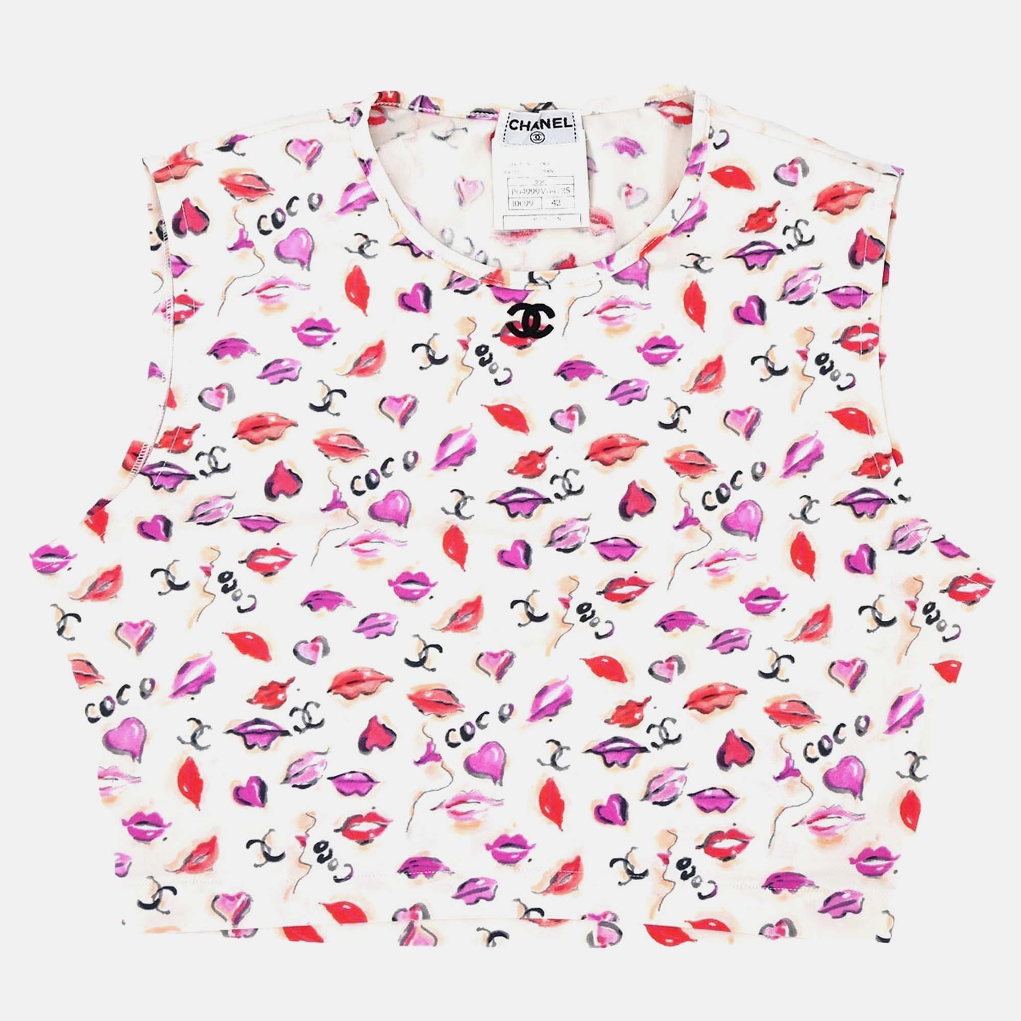 Chanel Lipstick Cropped Sleeveless White Cotton Top Size 42