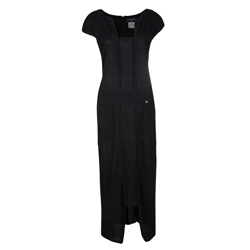 مملوكة مسبقًا Chanel Black Cap Sleeve Textured Cotton Maxi Dress L
