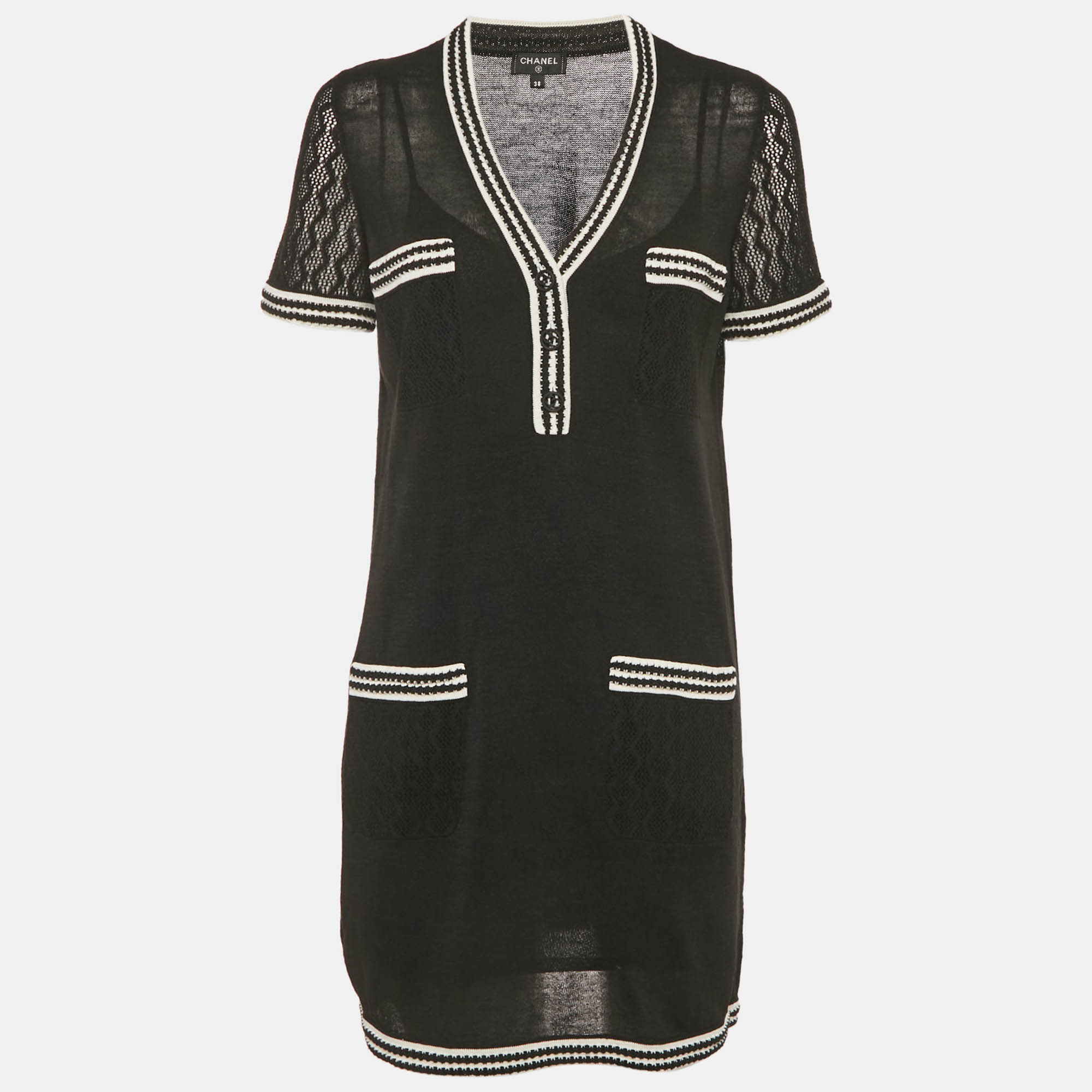 

Chanel Black Silk Knit Trim Detail Mini Dress M