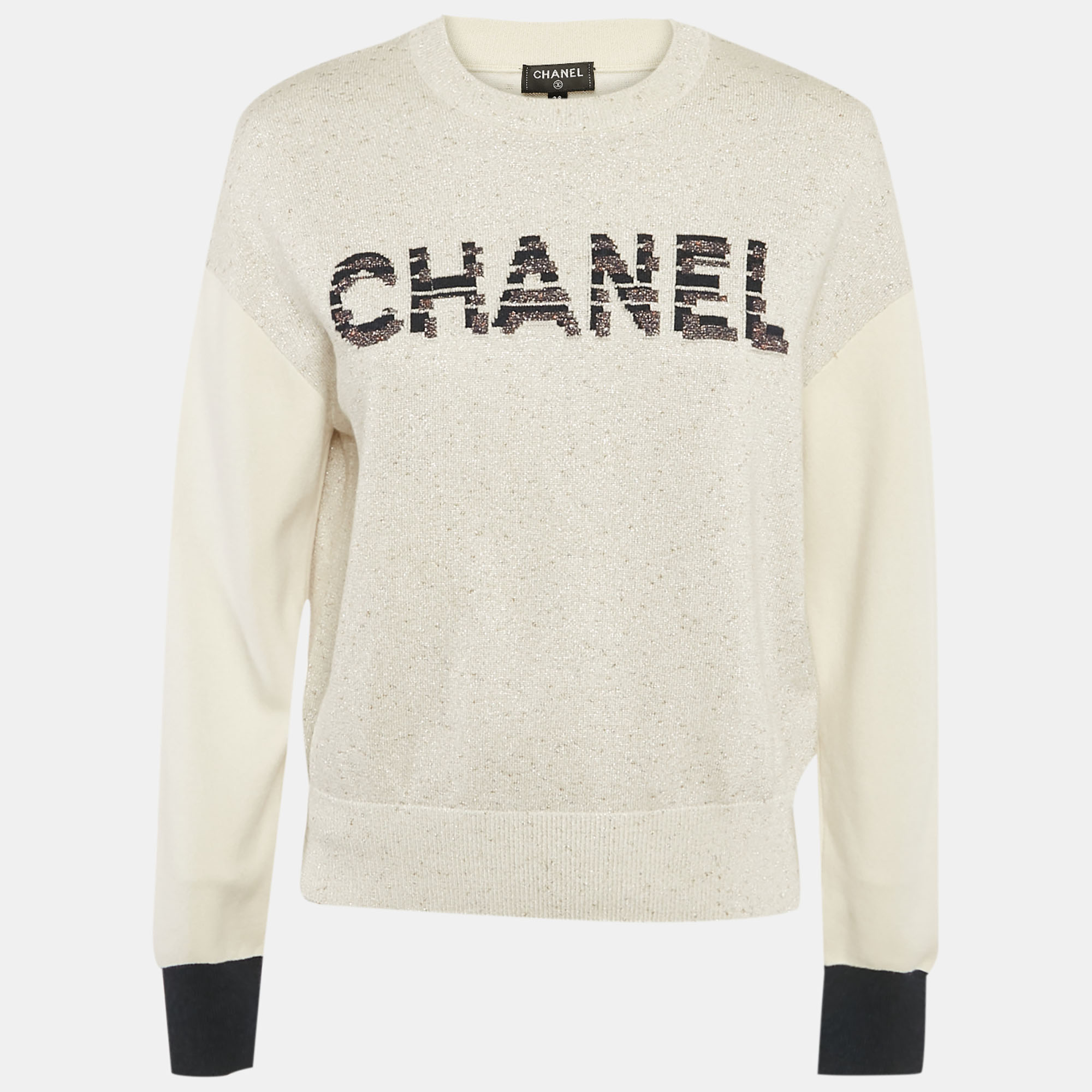 

Chanel White/Metallic Lurex Knit Logo Detail Long Sleeve Sweater M