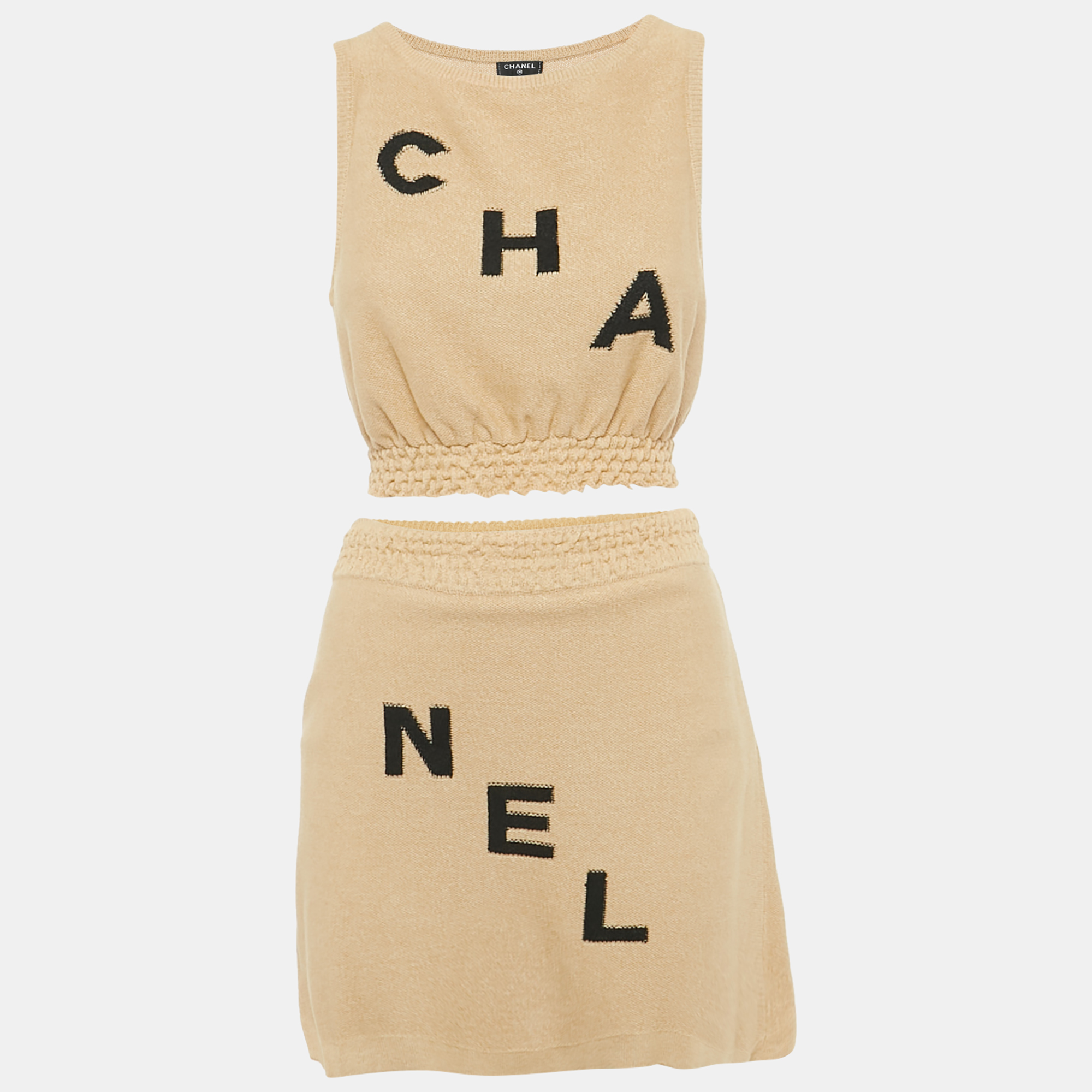 

Chanel Brown Logo Jacquard Knit Top and Skirt Set M