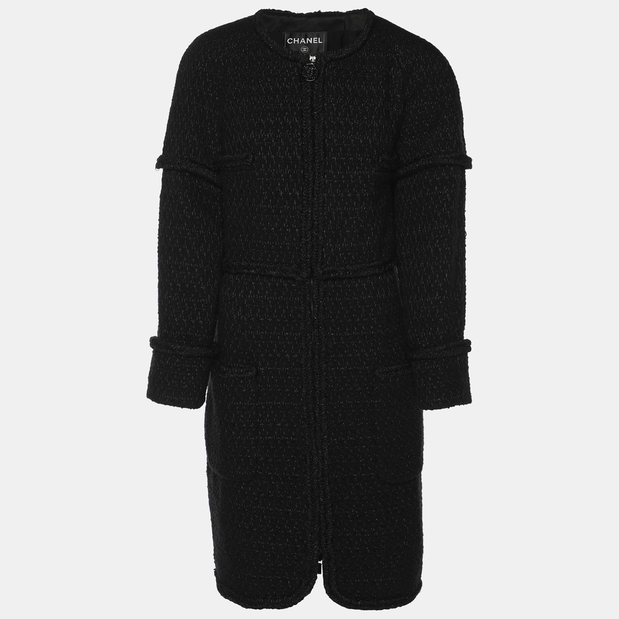 

Chanel Black Tweed Mid Length Coat L