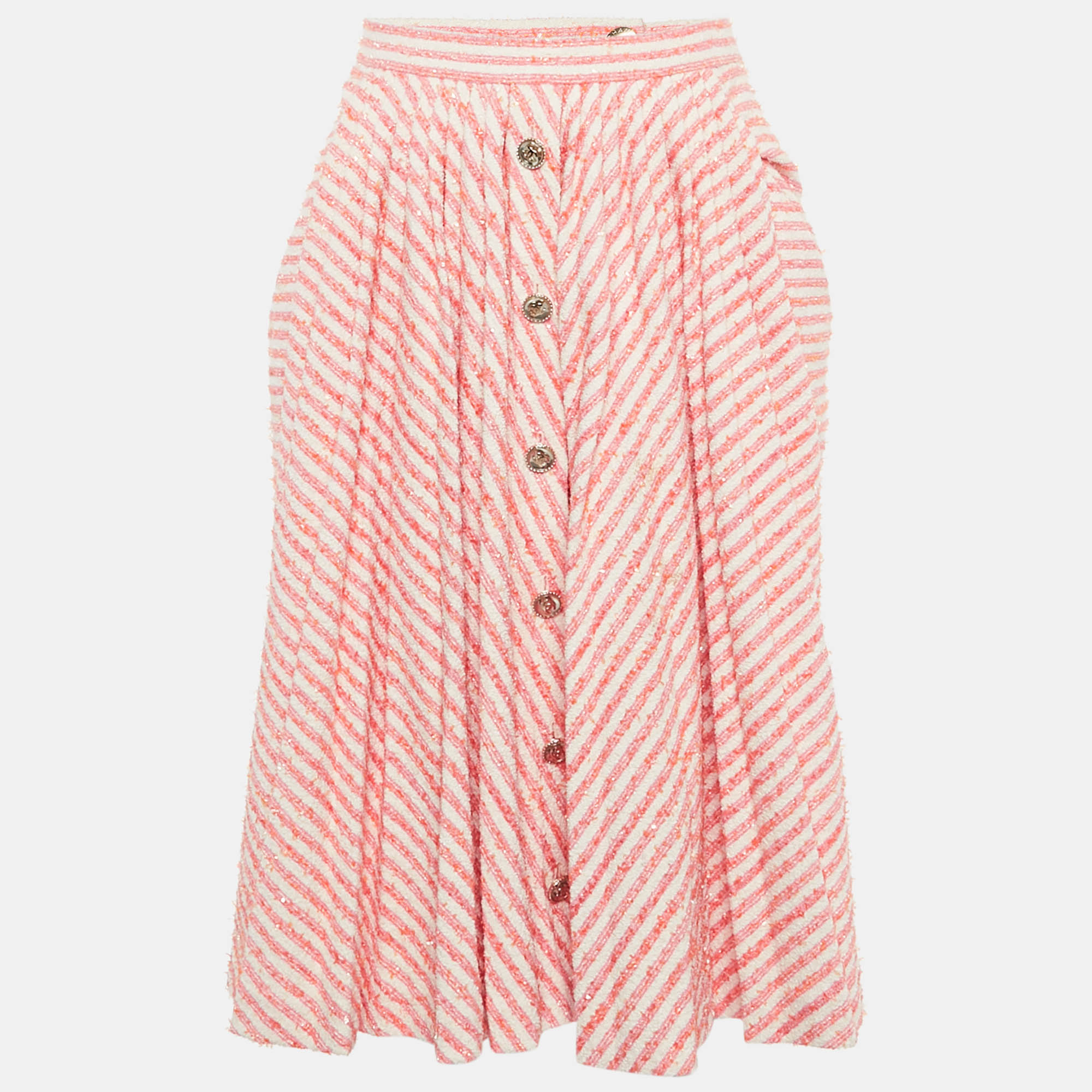 

Chanel Pink /Orange Striped Tweed Front Drape Detail Short Skirt M