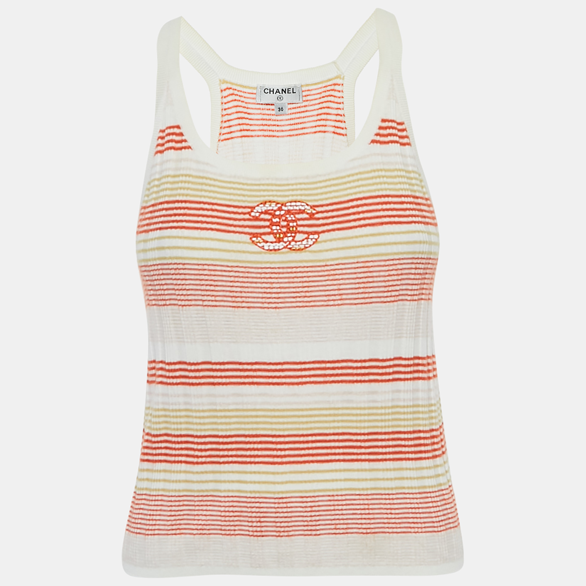

Chanel Orange /Yellow Logo Embroidered Rib Knit Tank Top S