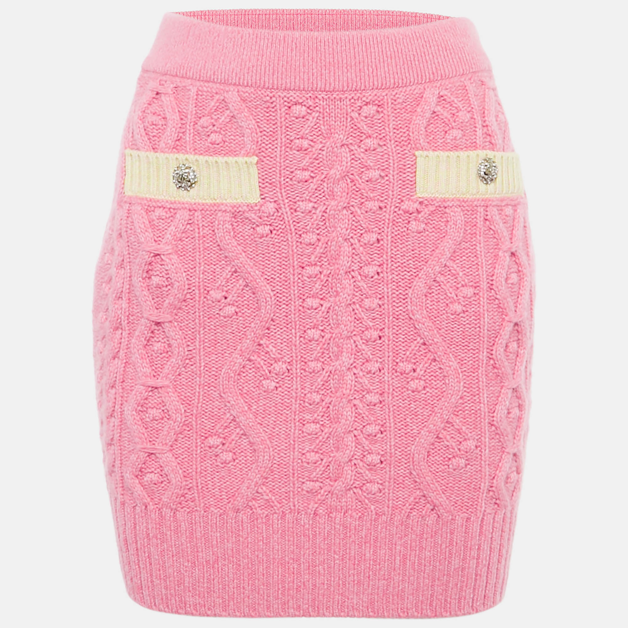 

Chanel Pink Cashmere Cable Knit Pocket Front Mini Skirt S