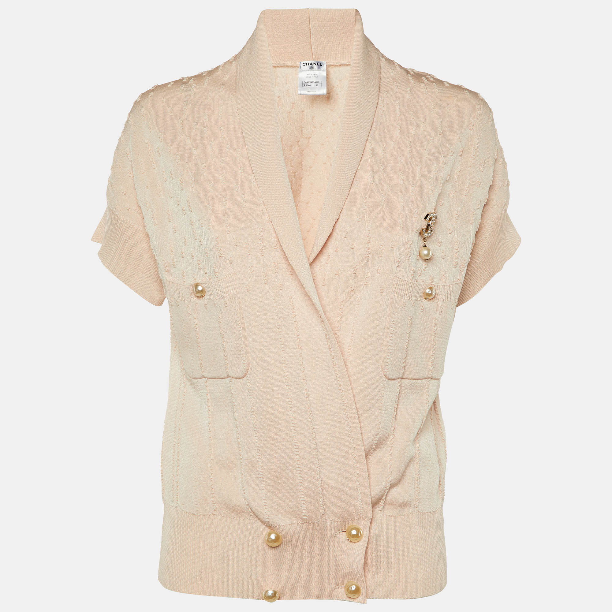 

Chanel Pink Textured Knit Brooch Detail Cardigan L