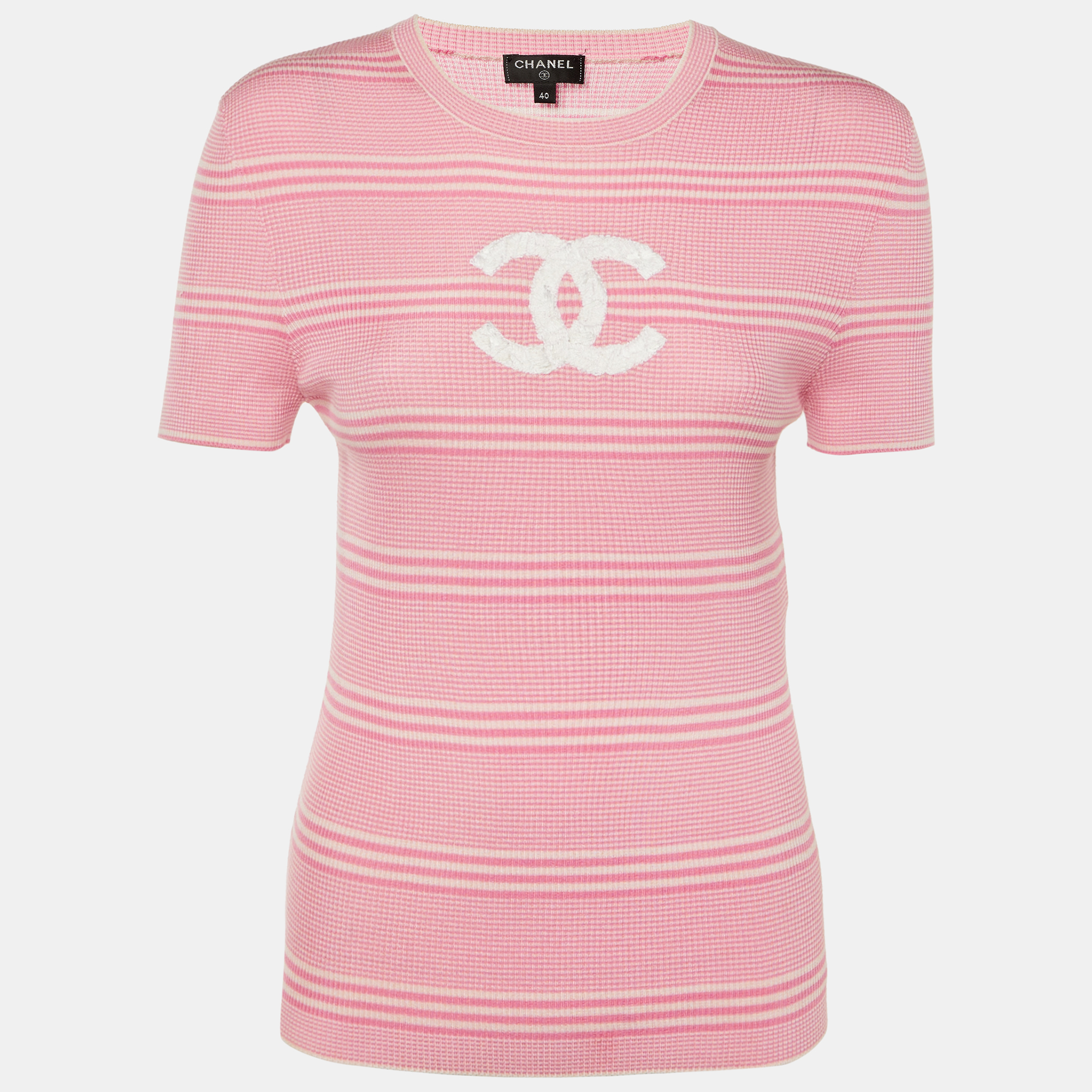 

Chanel Pink CC Striped Knit Crew Neck Top M