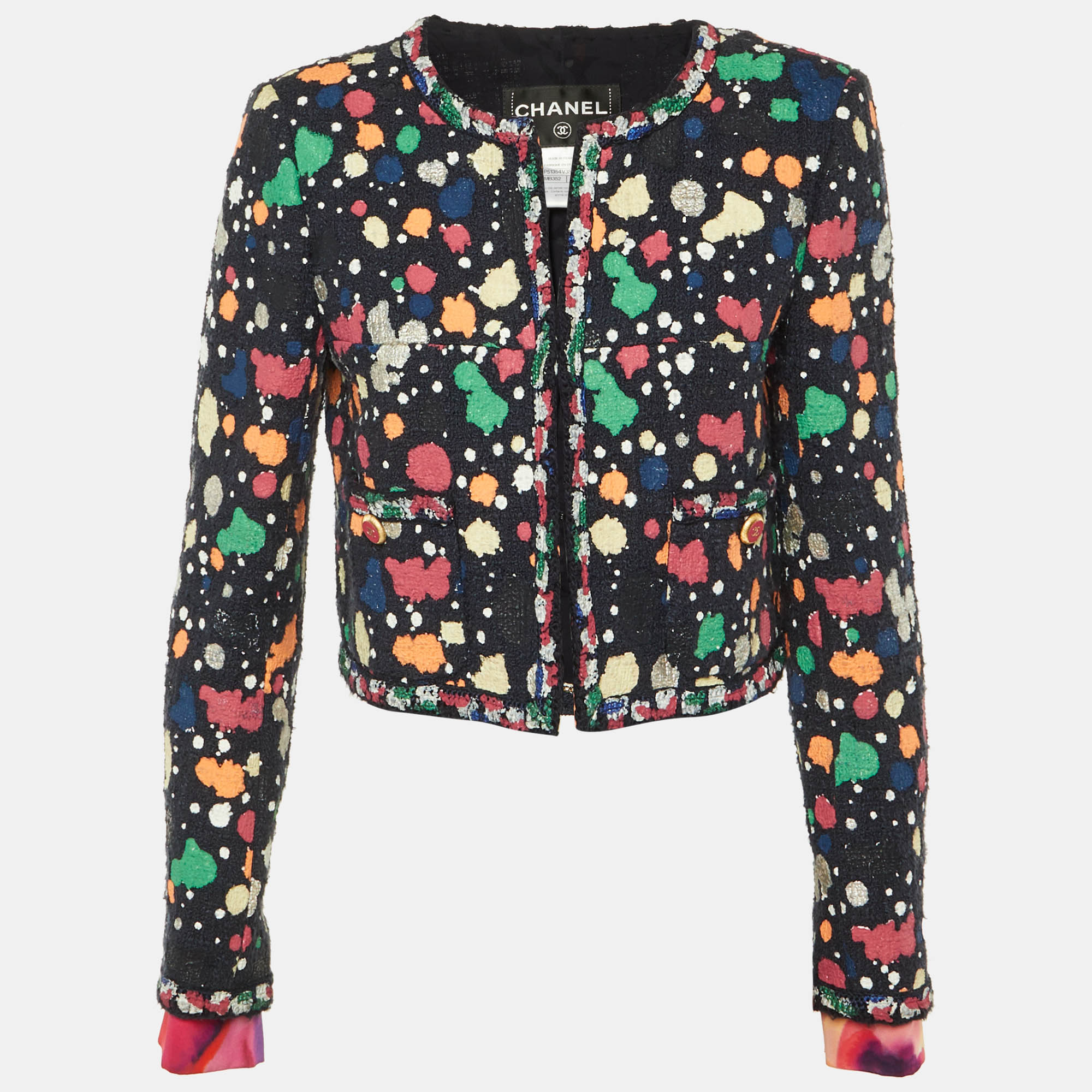 

Chanel Navy Blue Multi Dot Print Tweed Cropped Jacket M