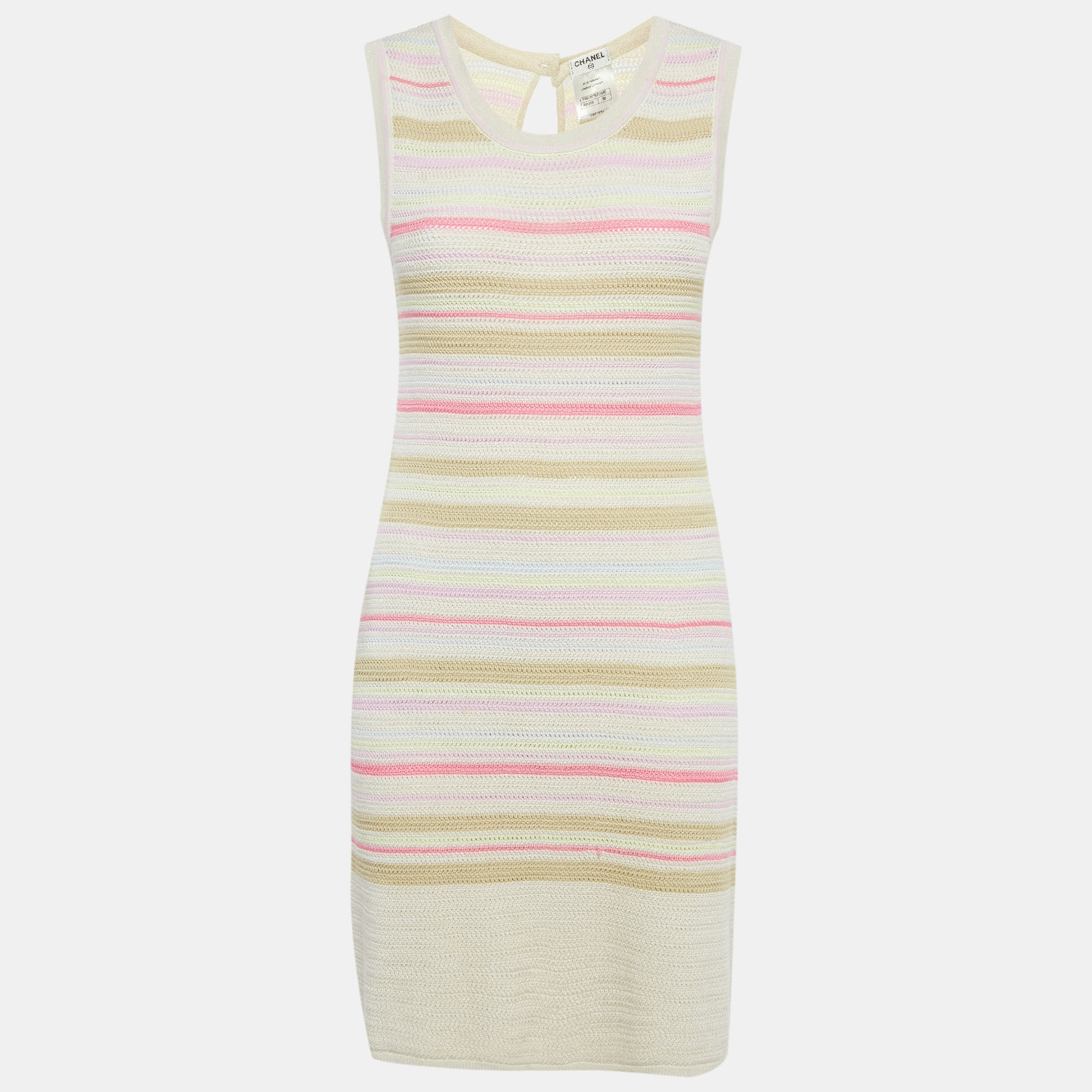 Chanel Pink/Cream Striped Lurex Knit Bodycon Dress M