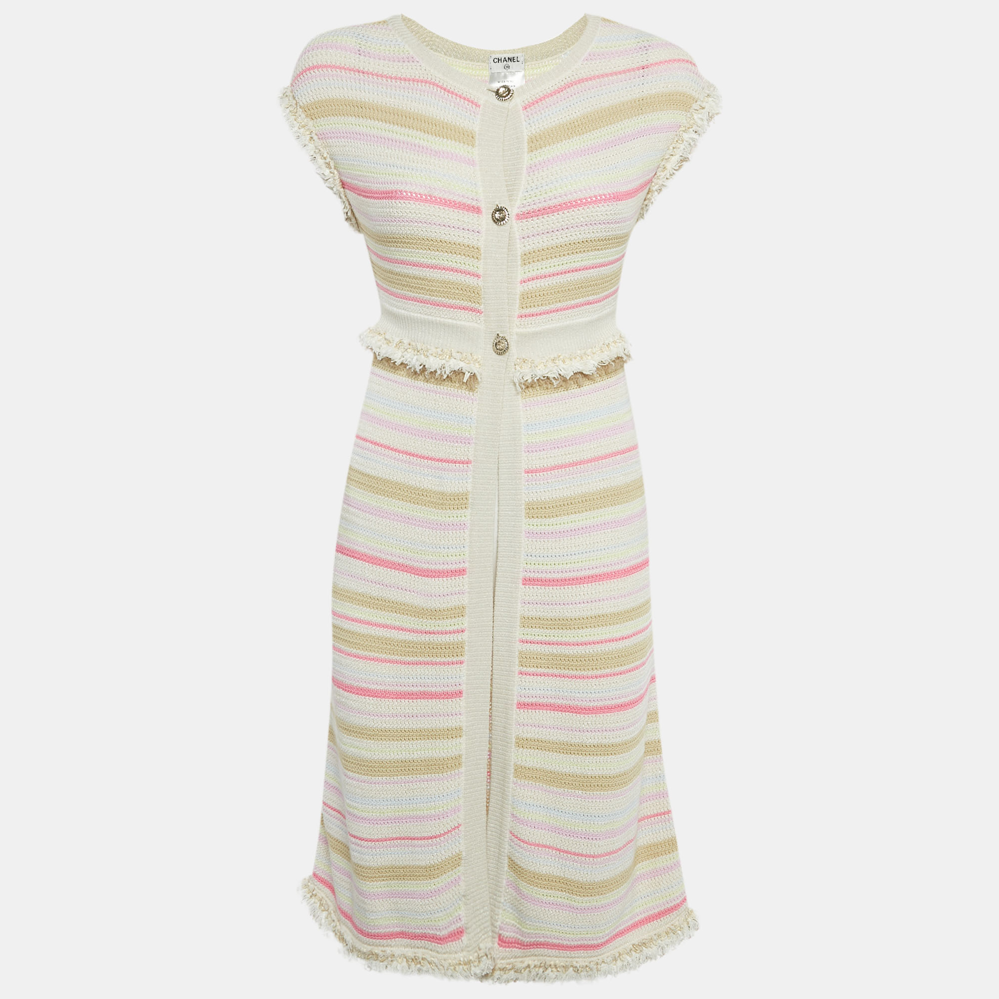 

Chanel Cream/Pink Striped Knit Short Sleeve Cardigan S