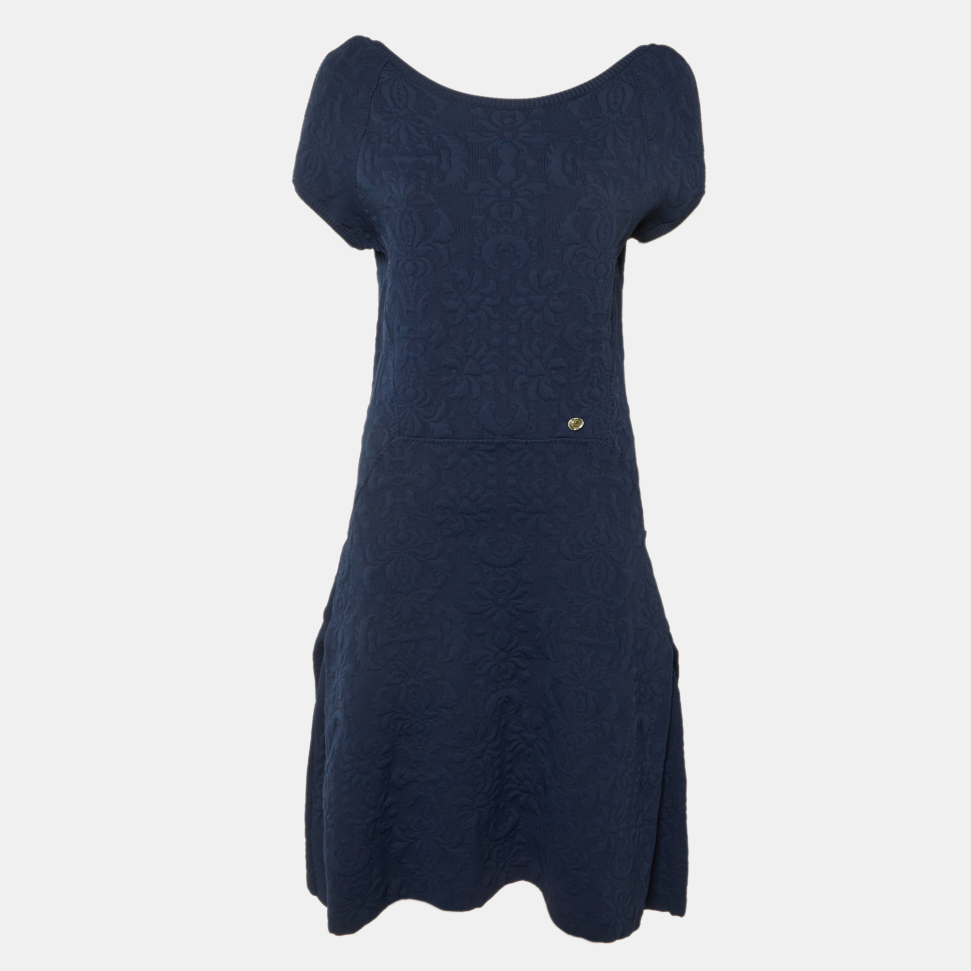 

Chanel Navy Blue Embossed Jacquard Knit A-Line Dress L