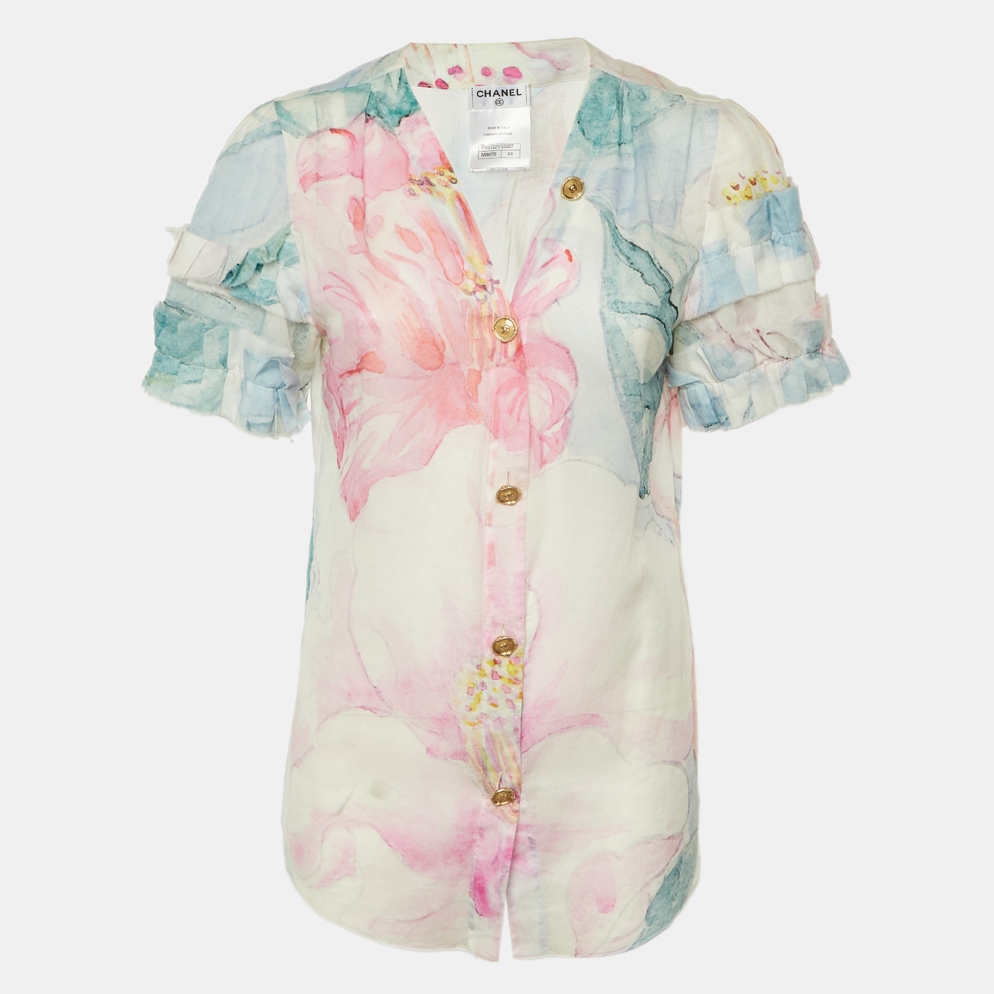 

Chanel Multicolor Floral Print Cotton Button Front Sheer Top L