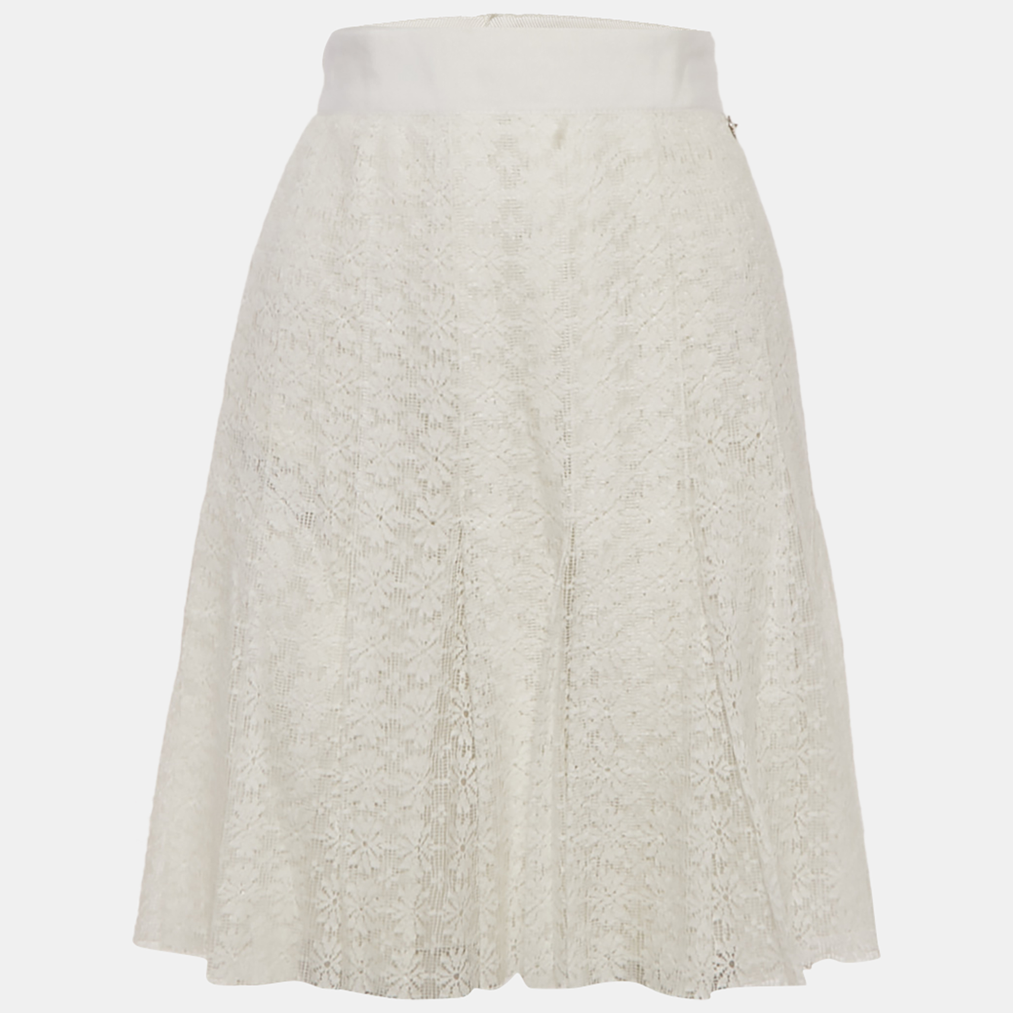 Pre-owned Chanel White Floral Lace Pleated Mini Skirt M