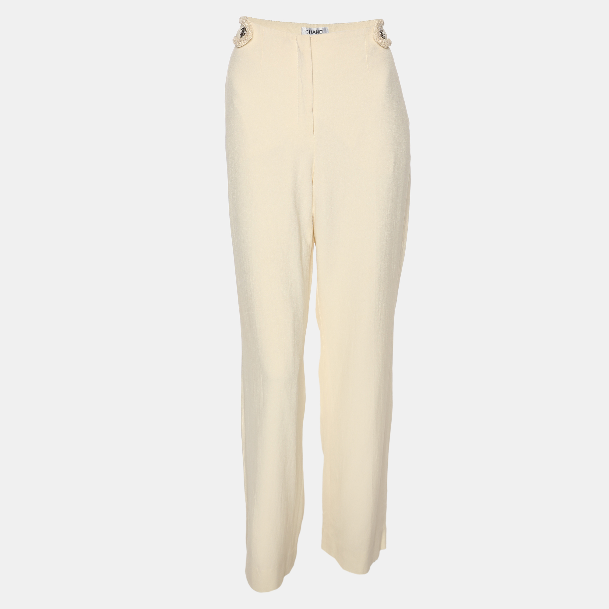 Pre-owned Chanel Cream Crepe Trousers M In White