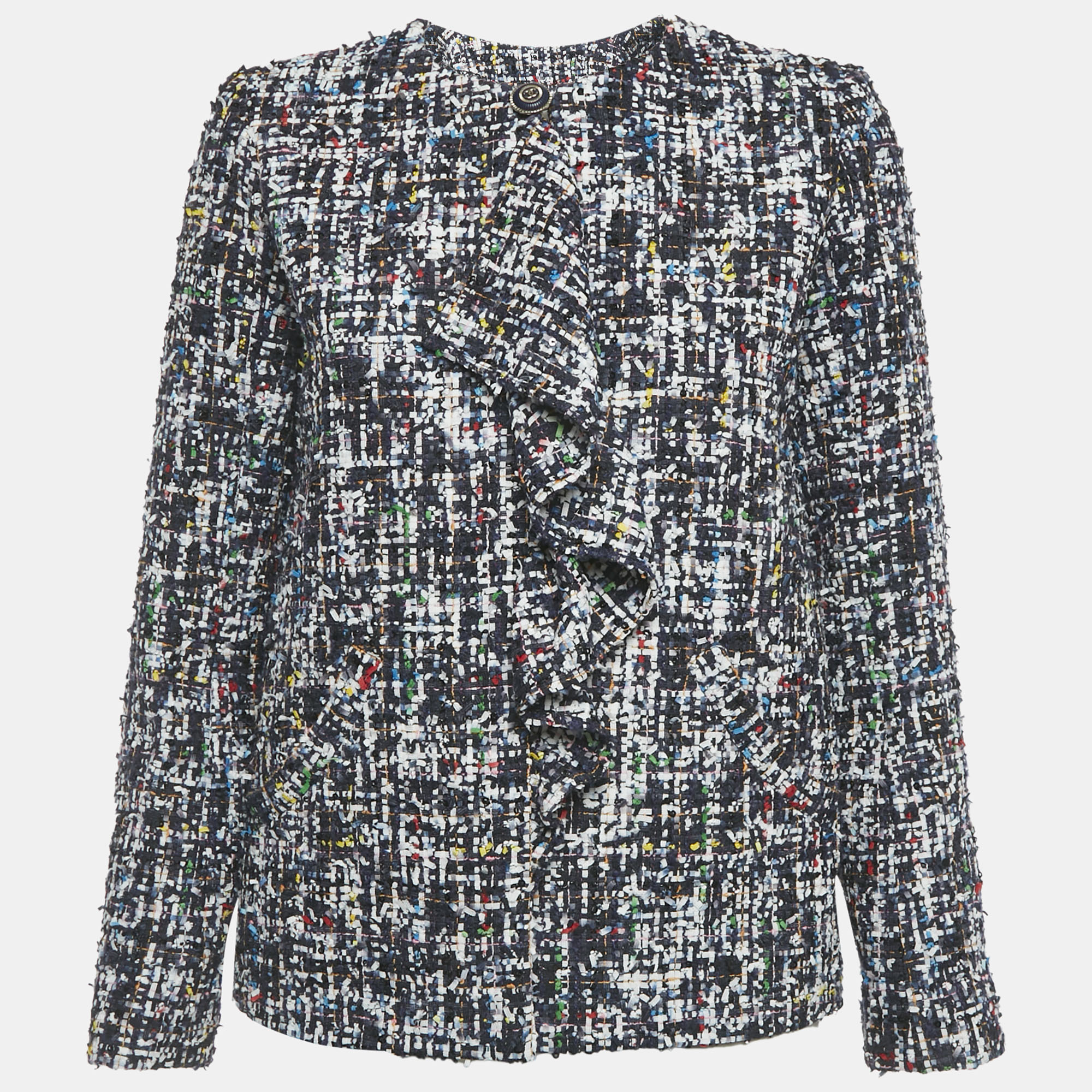 

Chanel Blue Single Hook Tweed Ruffled Jacket S, Navy blue