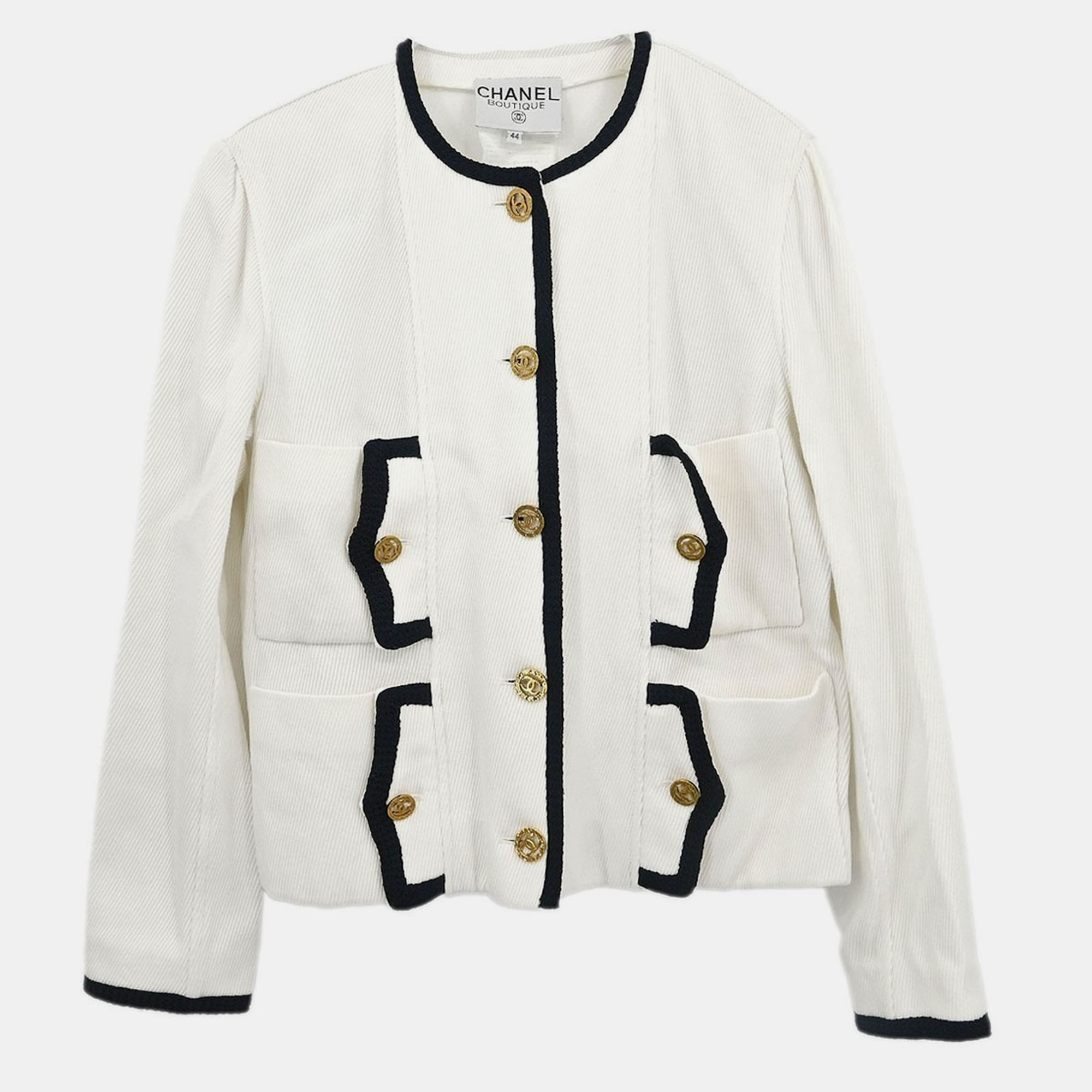

Chanel Single Breasted Collarless Jacket White Size L