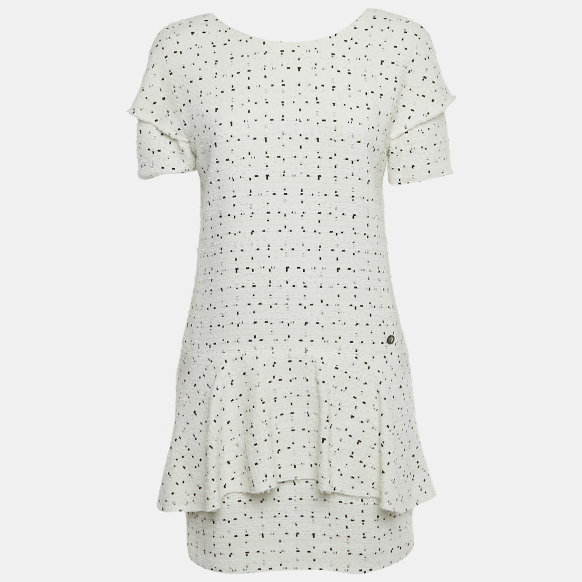 Pre-owned Chanel White Patterned Tweed Flared Mini Dress M