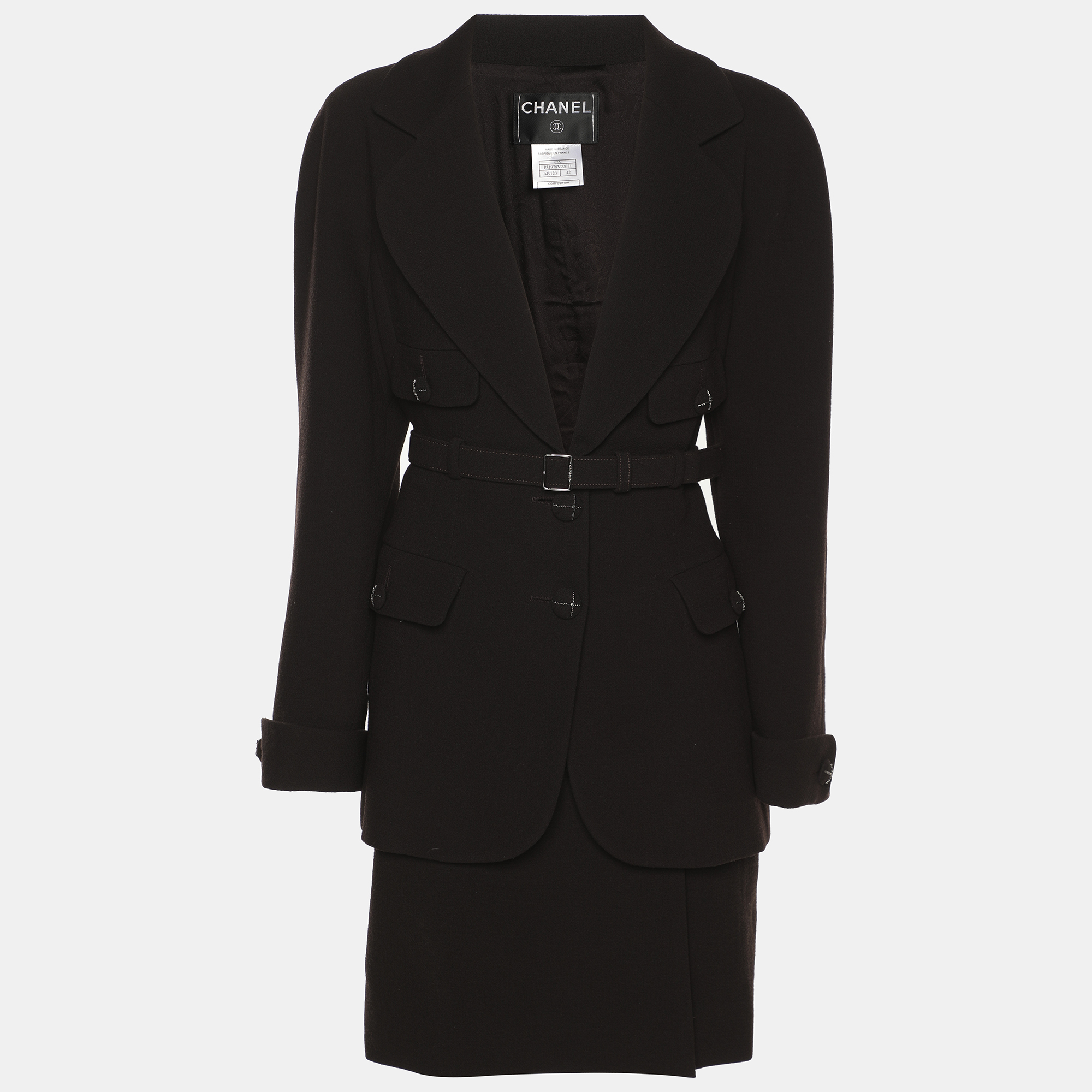 Pre-owned Chanel Brown Wool Belted Blazer & Skirt Set L