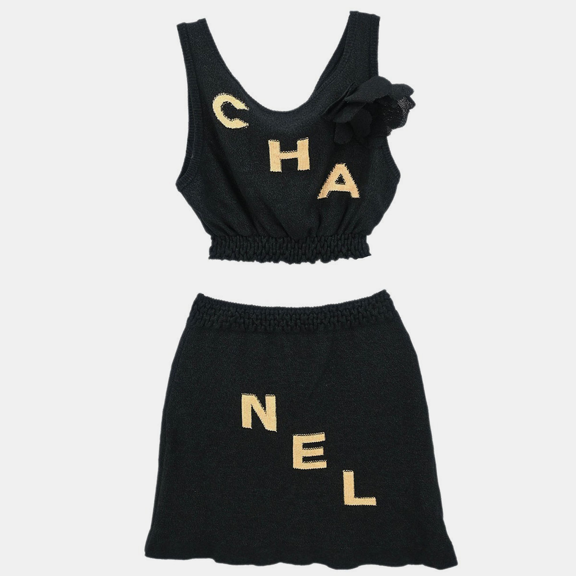 Chanel Setup Suit Cropped Top Pants Skirt Black #34