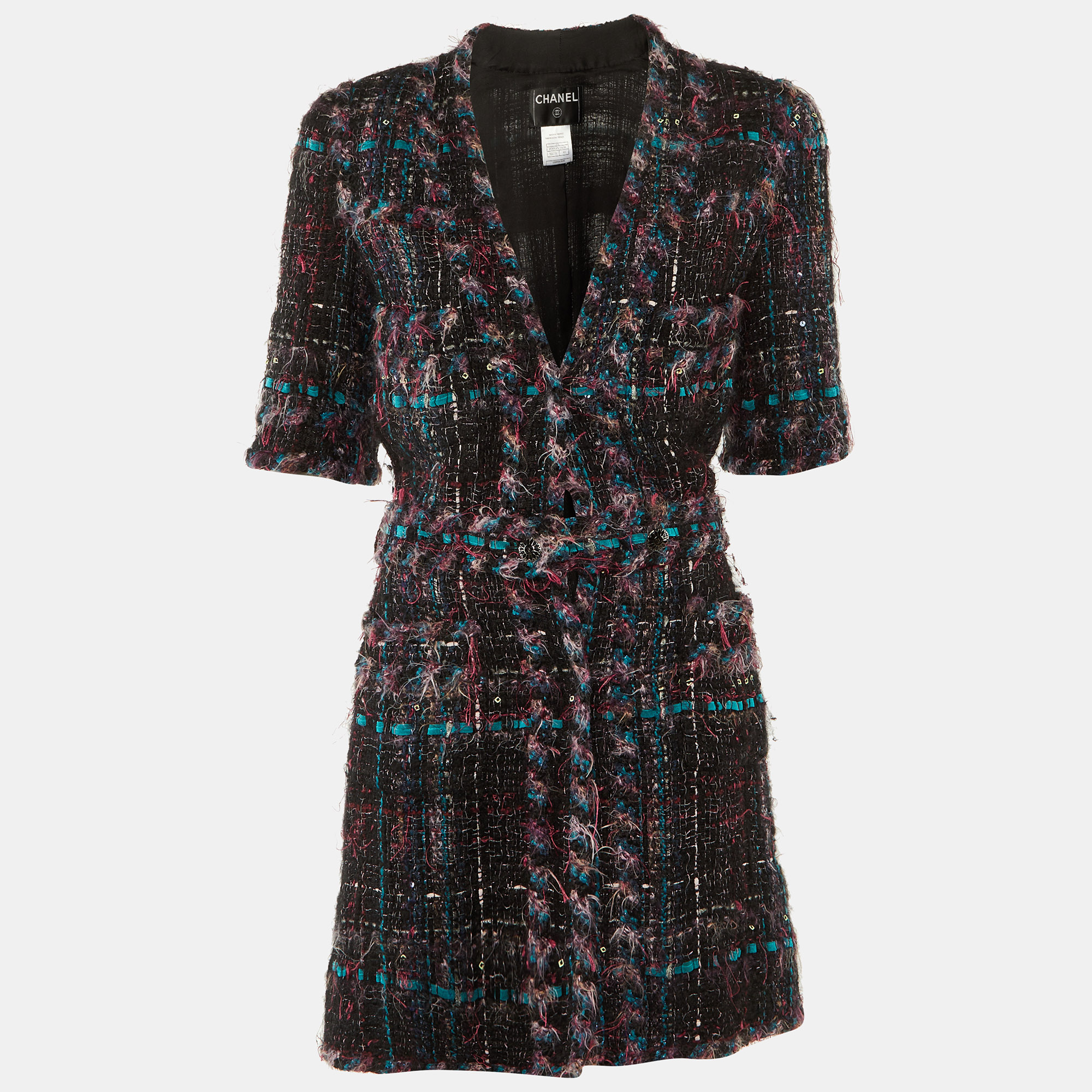 

Chanel Black/Purple Tweed Belted Long Jacket M