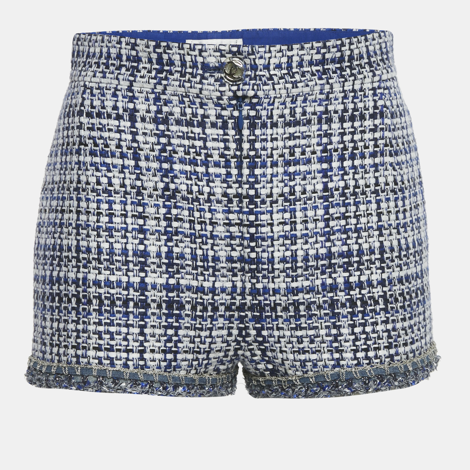 Pre-owned Chanel Blue /white Tweed Frayed Hem Mini Shorts M