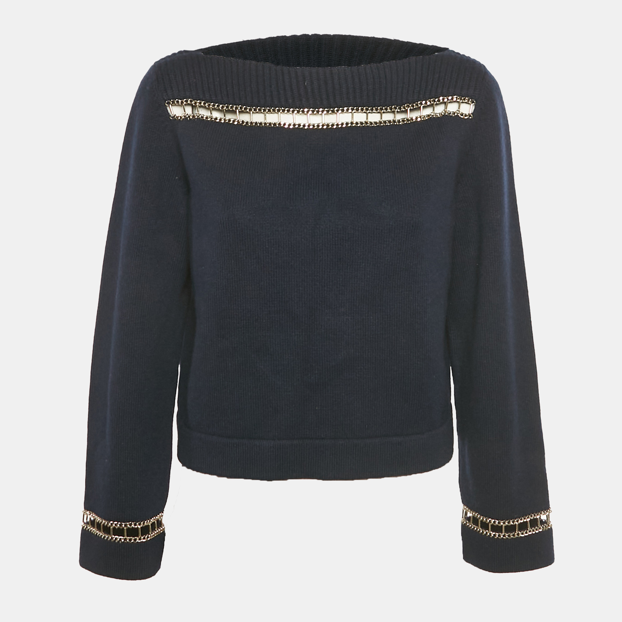 

Chanel Navy Blue Cut-Out Chain Cashmere Sweater S