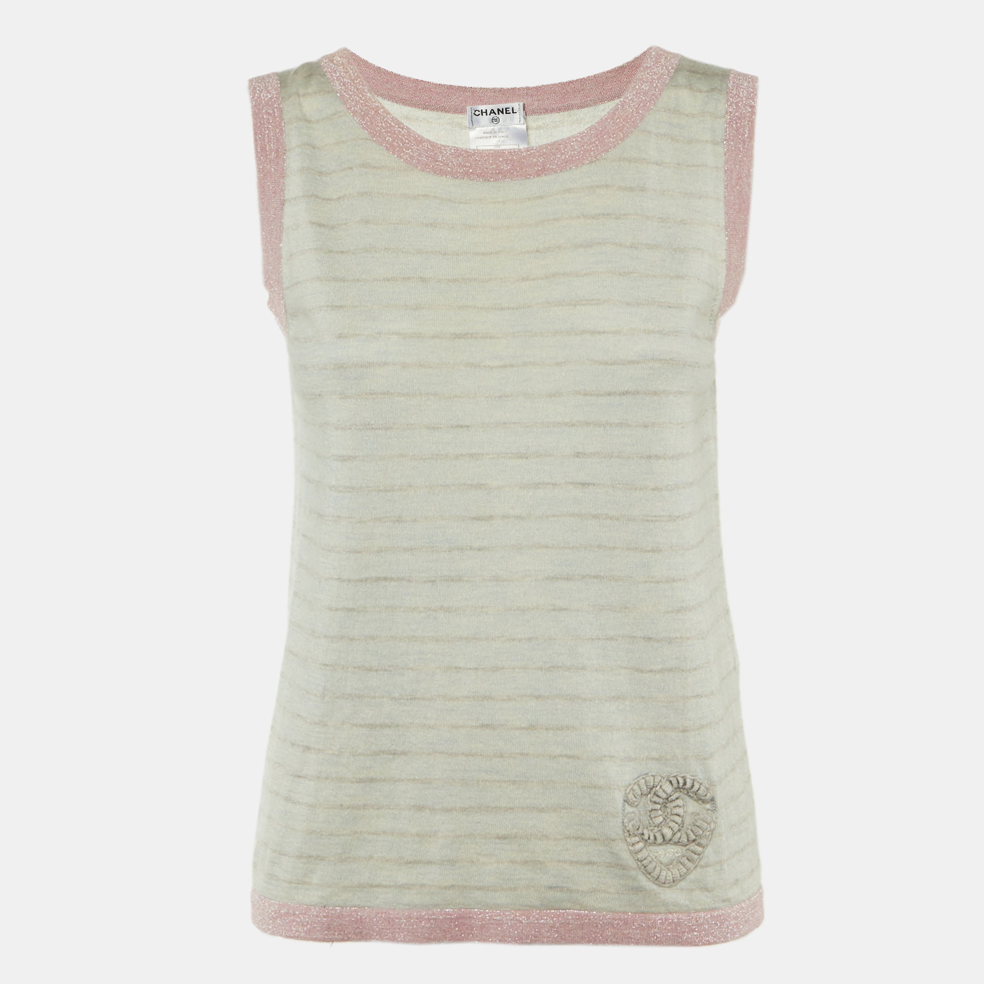 

Chanel Grey Patterned Sleeveless Cashmere Blend Knit Top L