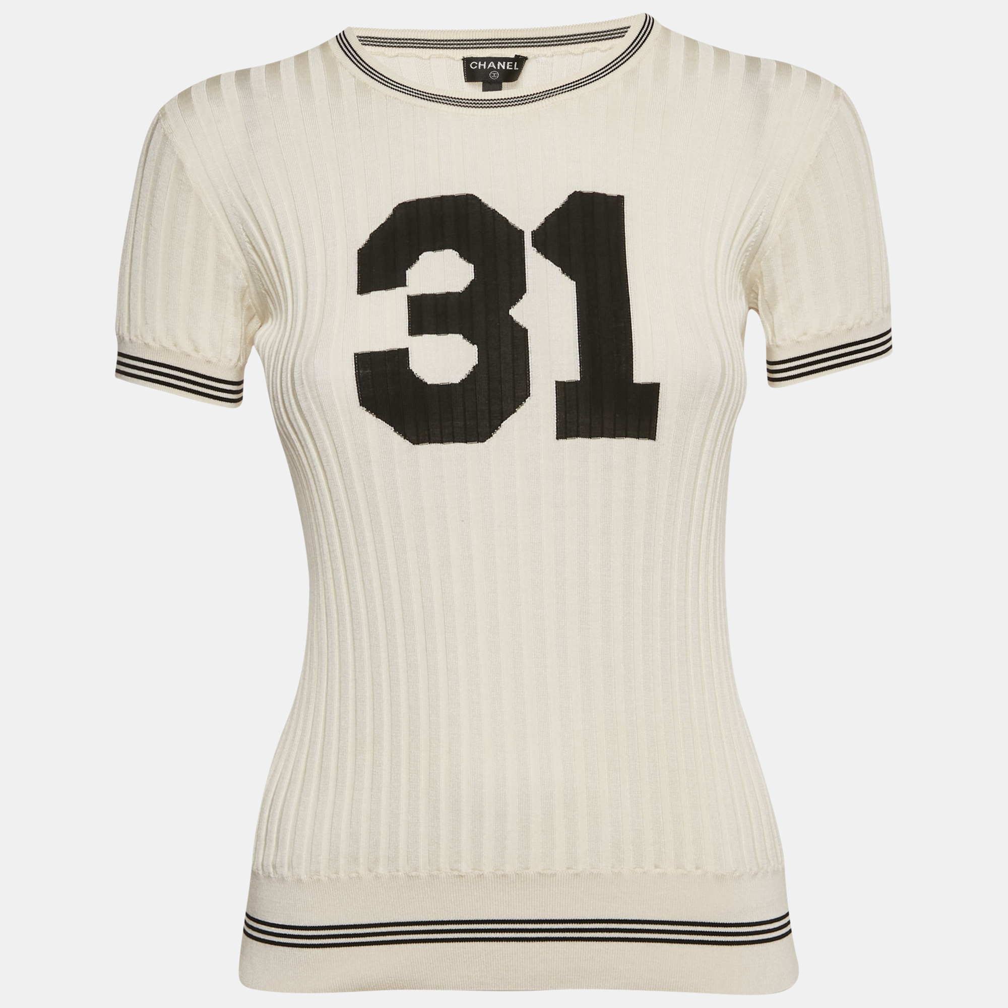 

Chanel Ivory 31 Intarsia Rib Knit Top M, White
