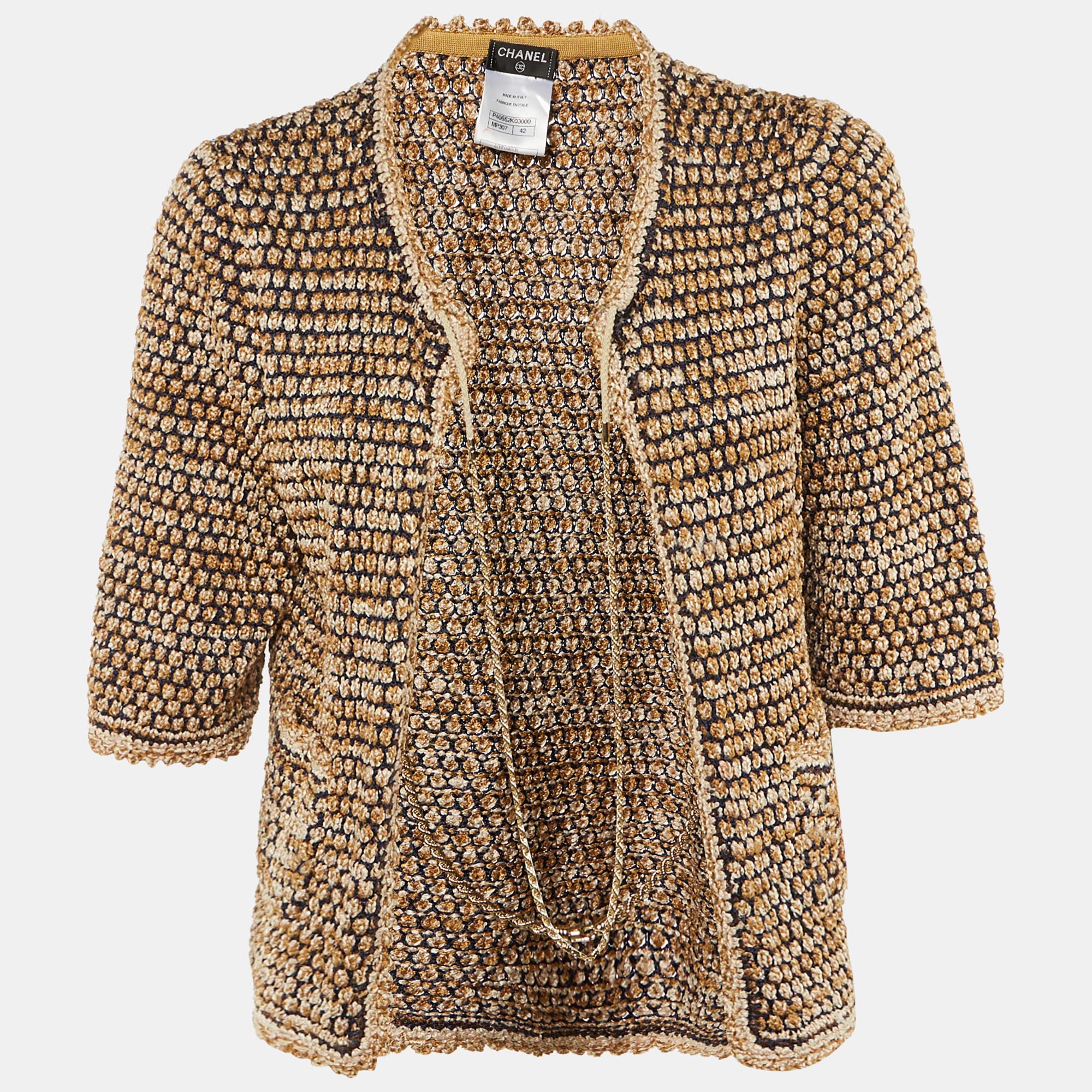 

Chanel Navy Blue /Beige Tweed Chain Detail Open front Cardigan L