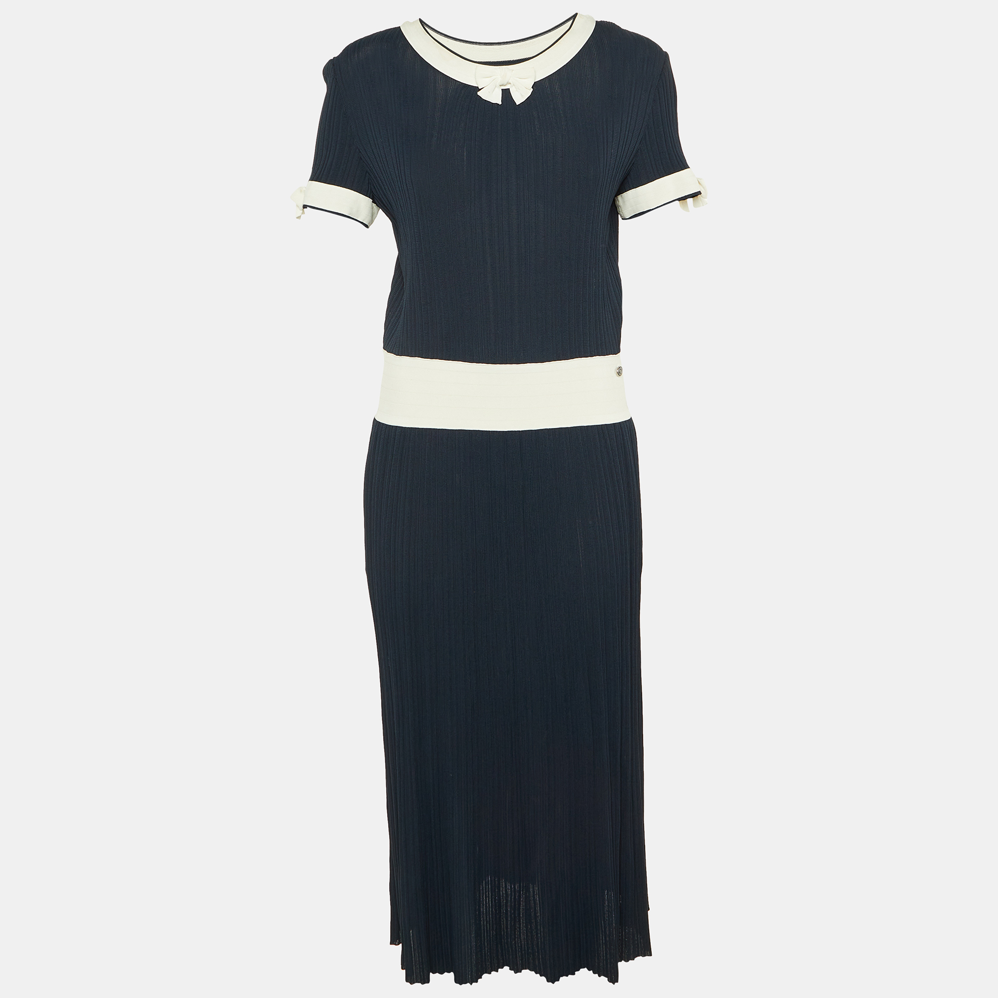Pre-owned Chanel Navy Blue Knit Bow Detail Maxi Dress M