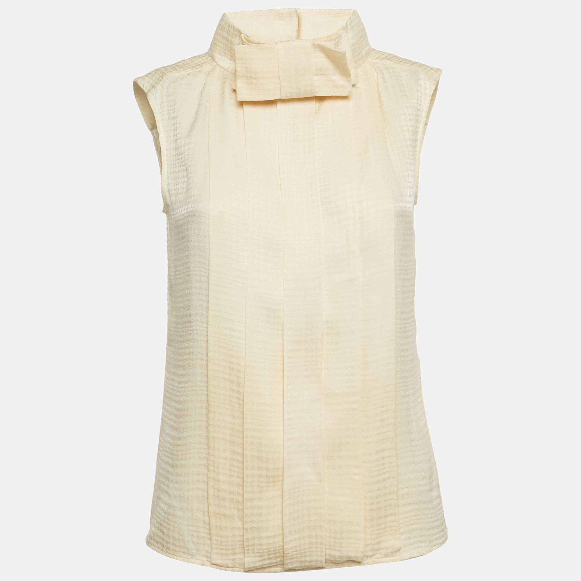

Chanel Cream Houndstooth Silk Pleated Top M