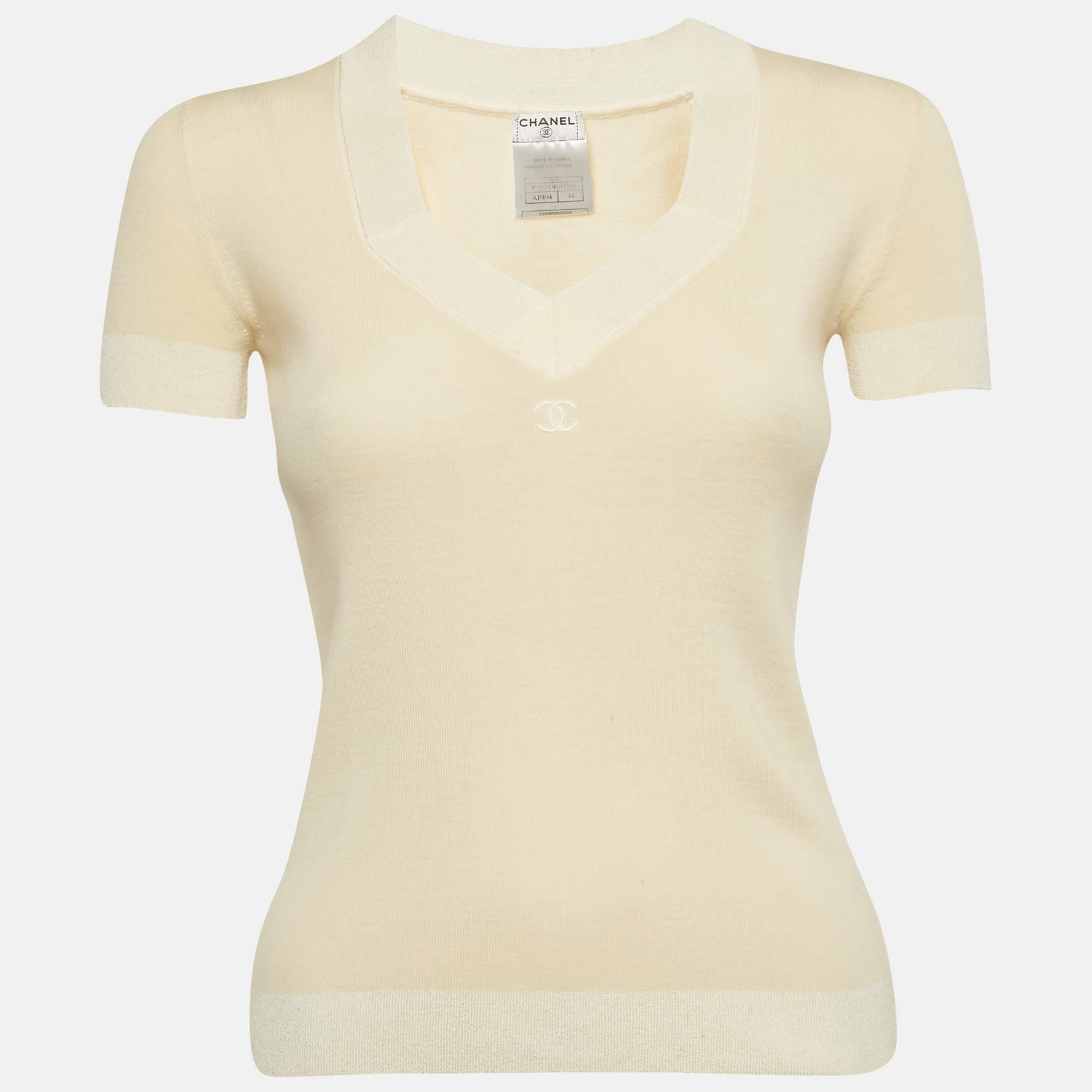 

Chanel Cream Logo Embroidered Wool Sweater Top S
