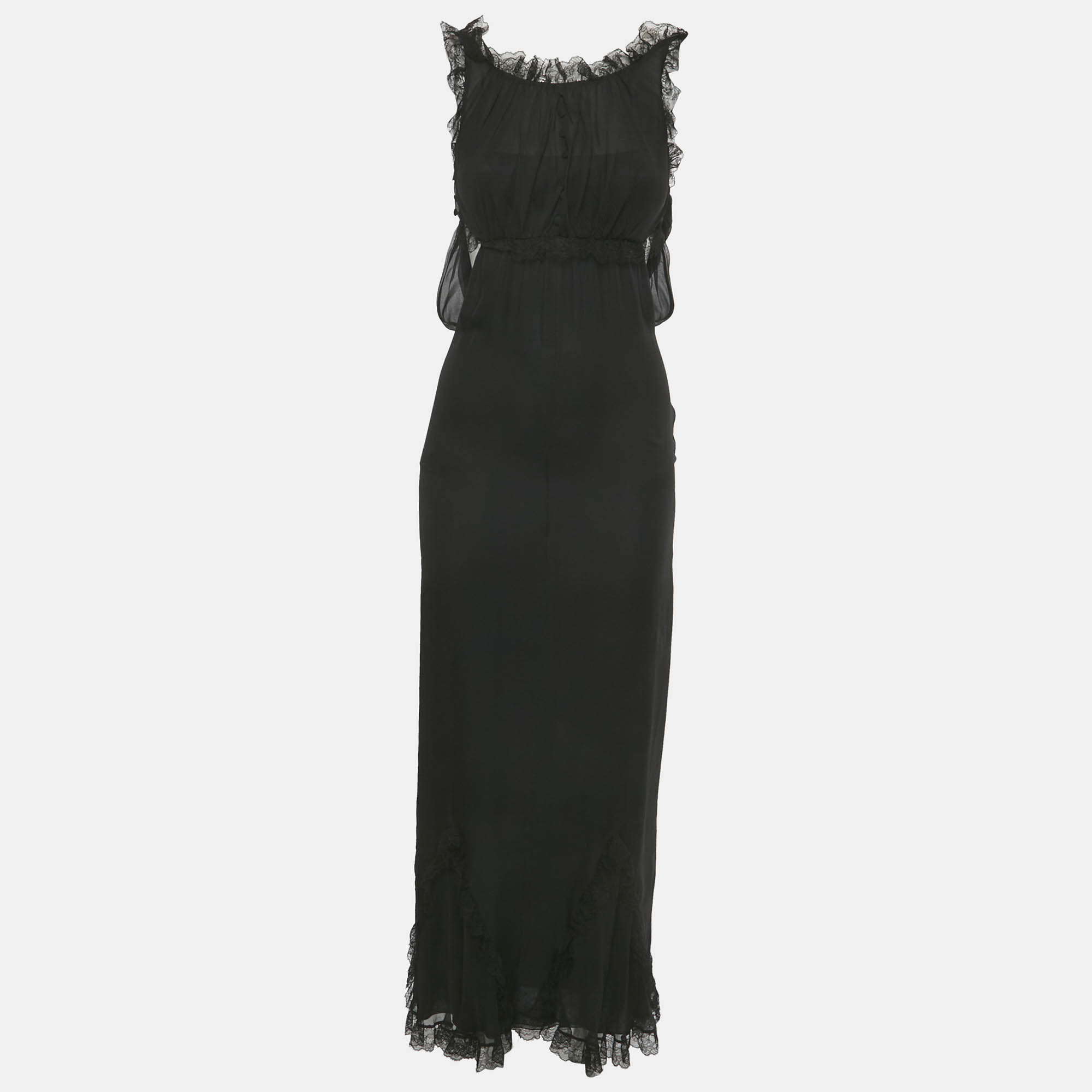 

Chanel Black Silk Lace Detail Sheer Maxi Dress S