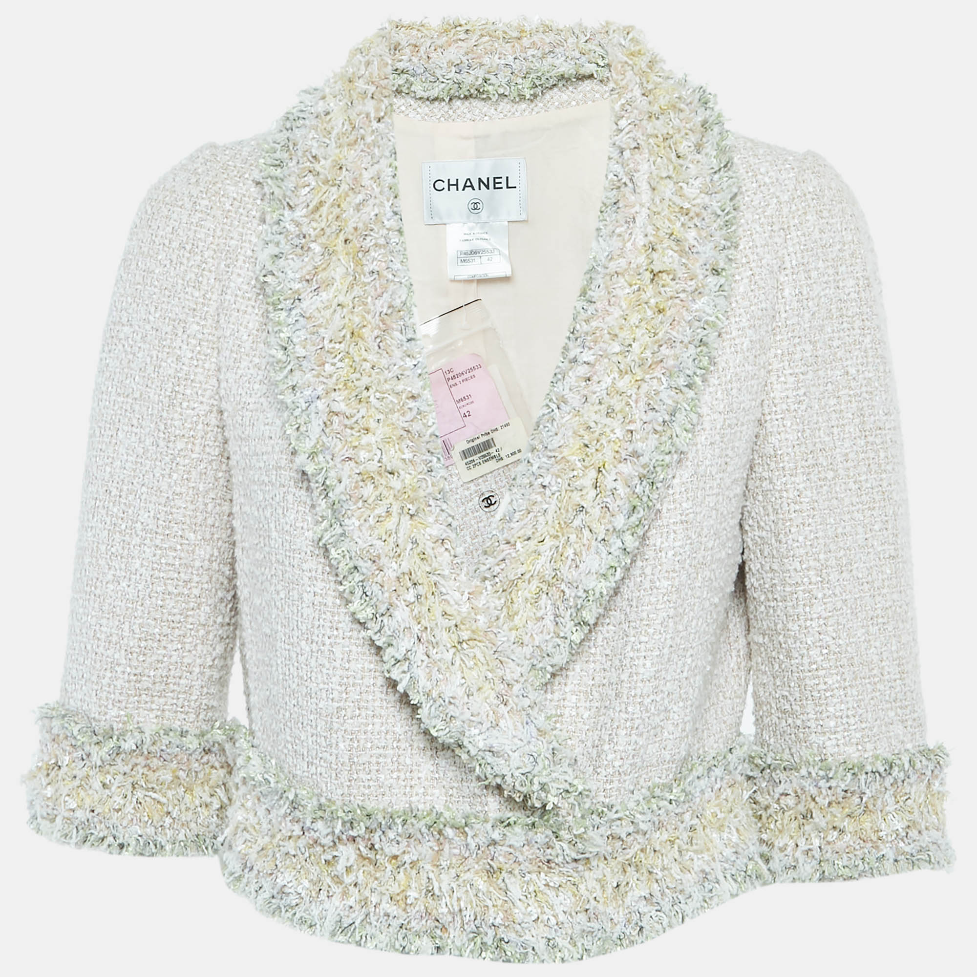 Pre-owned Chanel Cream Tweed Crop Jacket L In White