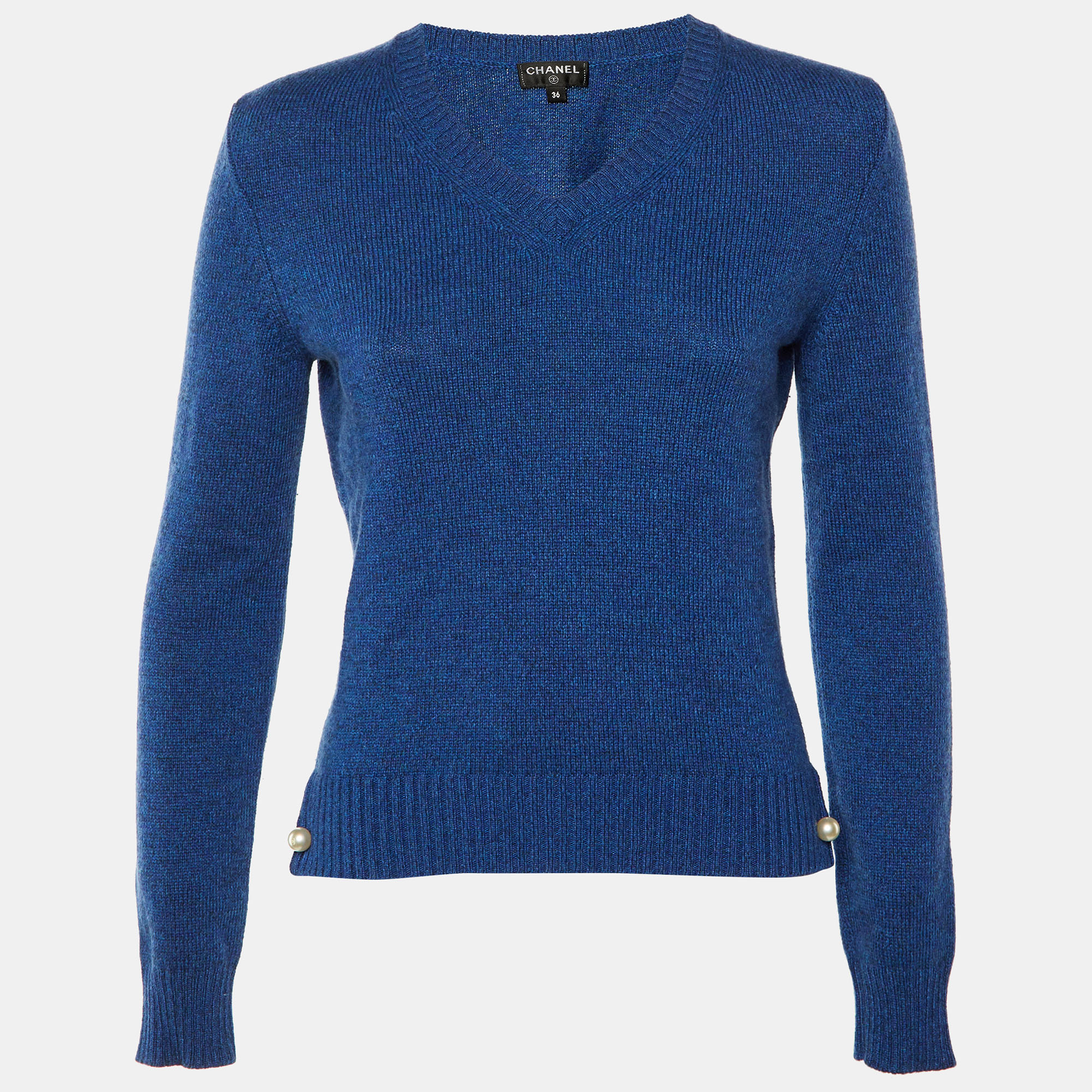 

Chanel Blue Cashmere Pearl Detail V-Neck Sweater S