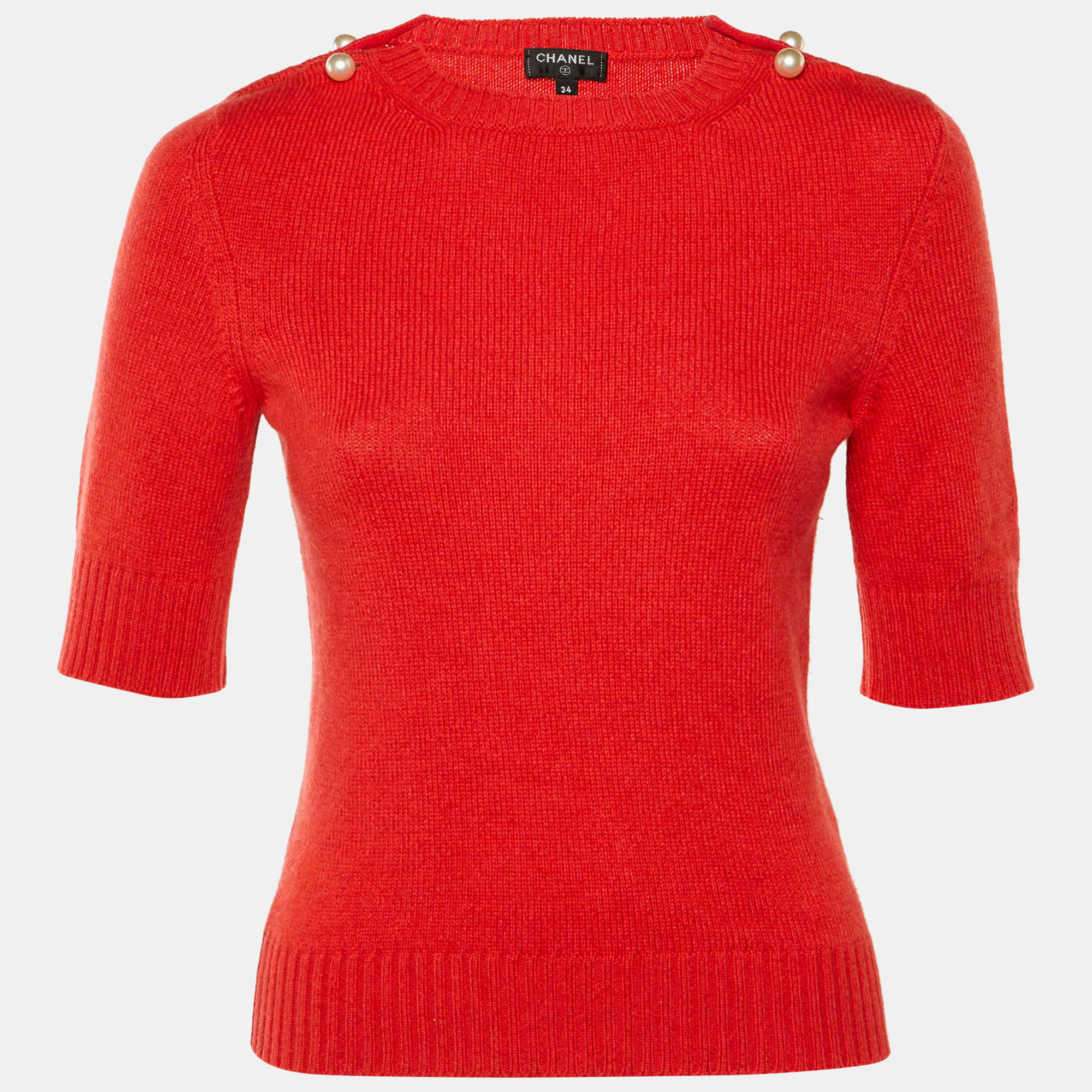 

Chanel Red Cashmere Pearl Detail Short Sleeve Jumper S