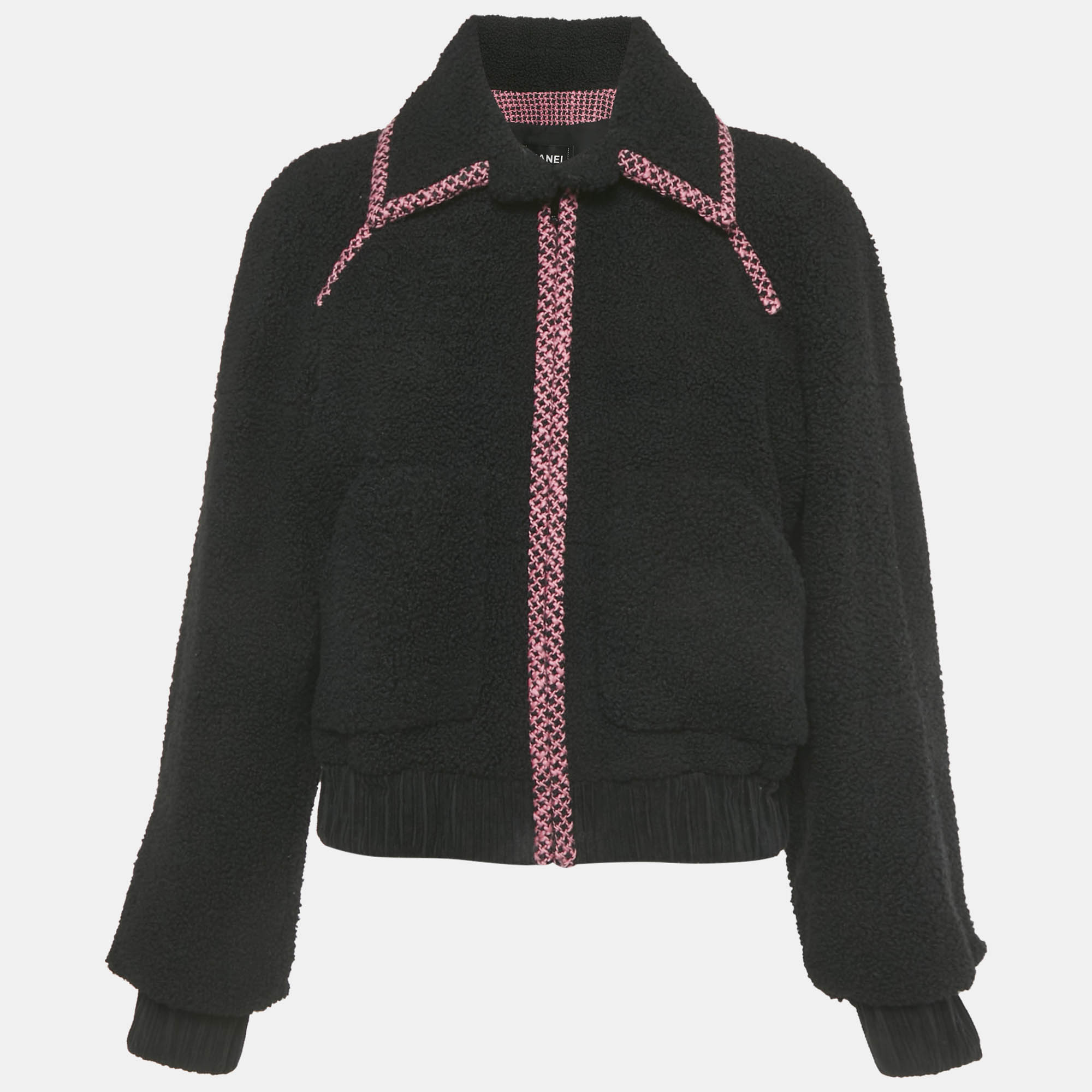 

Chanel Black Logo Embroidered Shearling Zip-Up Jacket S