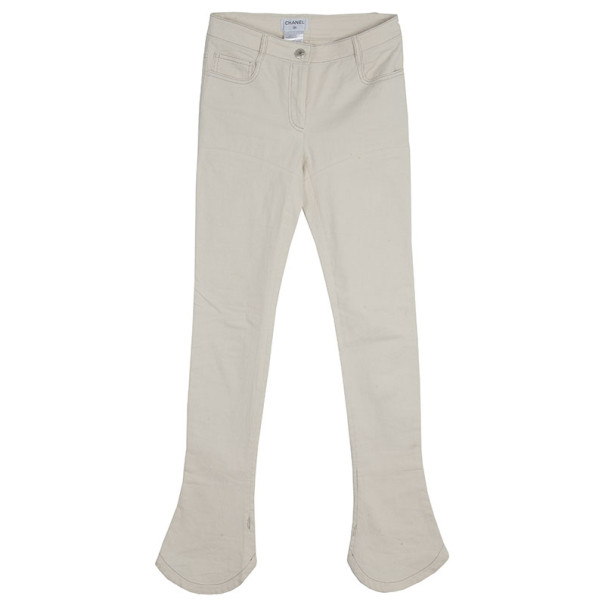 Pre Owned Chanel White Trousers With Embroidered Back Pocket Detail S